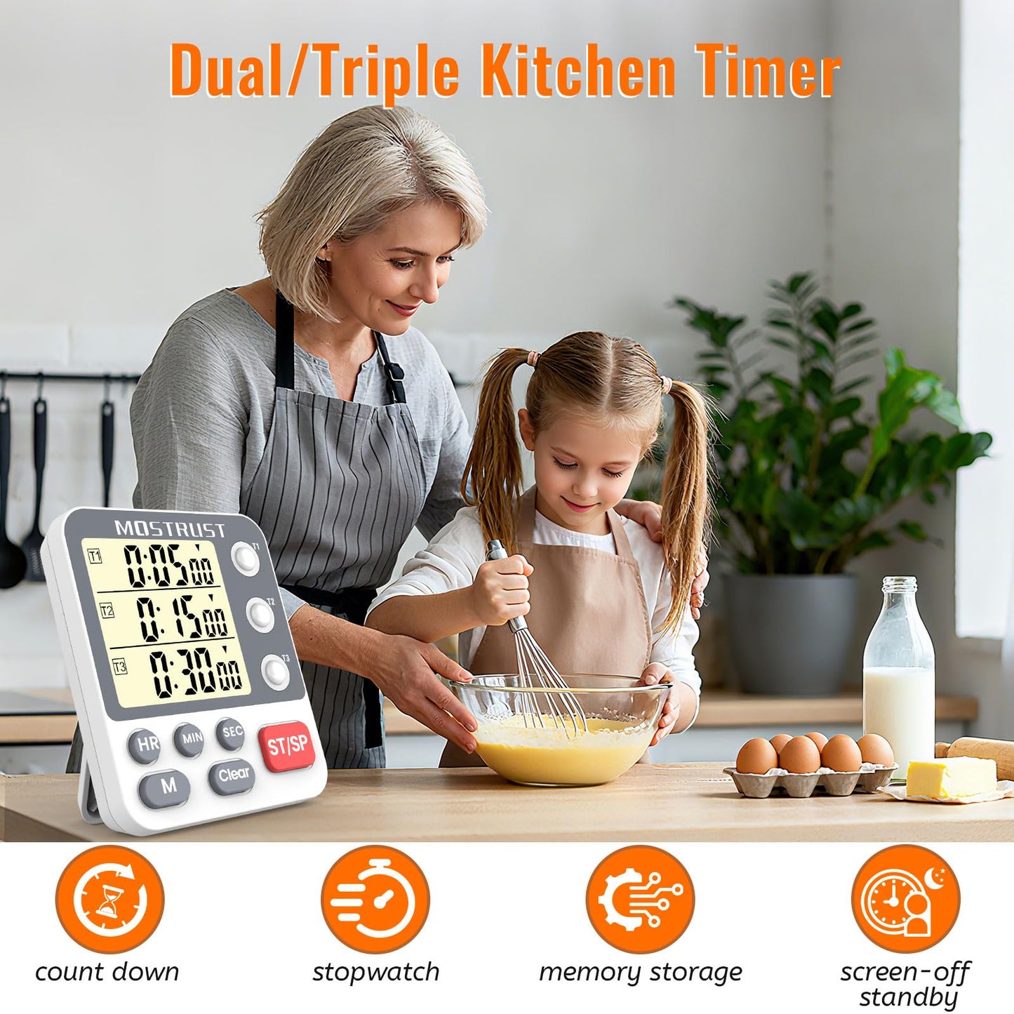MOSTRUST Digital Dual Kitchen Timer, 3 Channels Countdown Triple Timer for Cooking, Magnetic Memory-Preset Large Display Adjustable Alarm Volume, Multi Times Management, 3A Battery Included, White