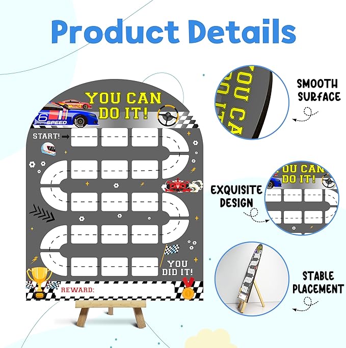 Race Car Reward Chart, Behavior Chart for Kids at Home, Wooden Incentive Chart Signboard with 24 Tokens, Truck Themed Sticker Charts Classroom Essentials -06
