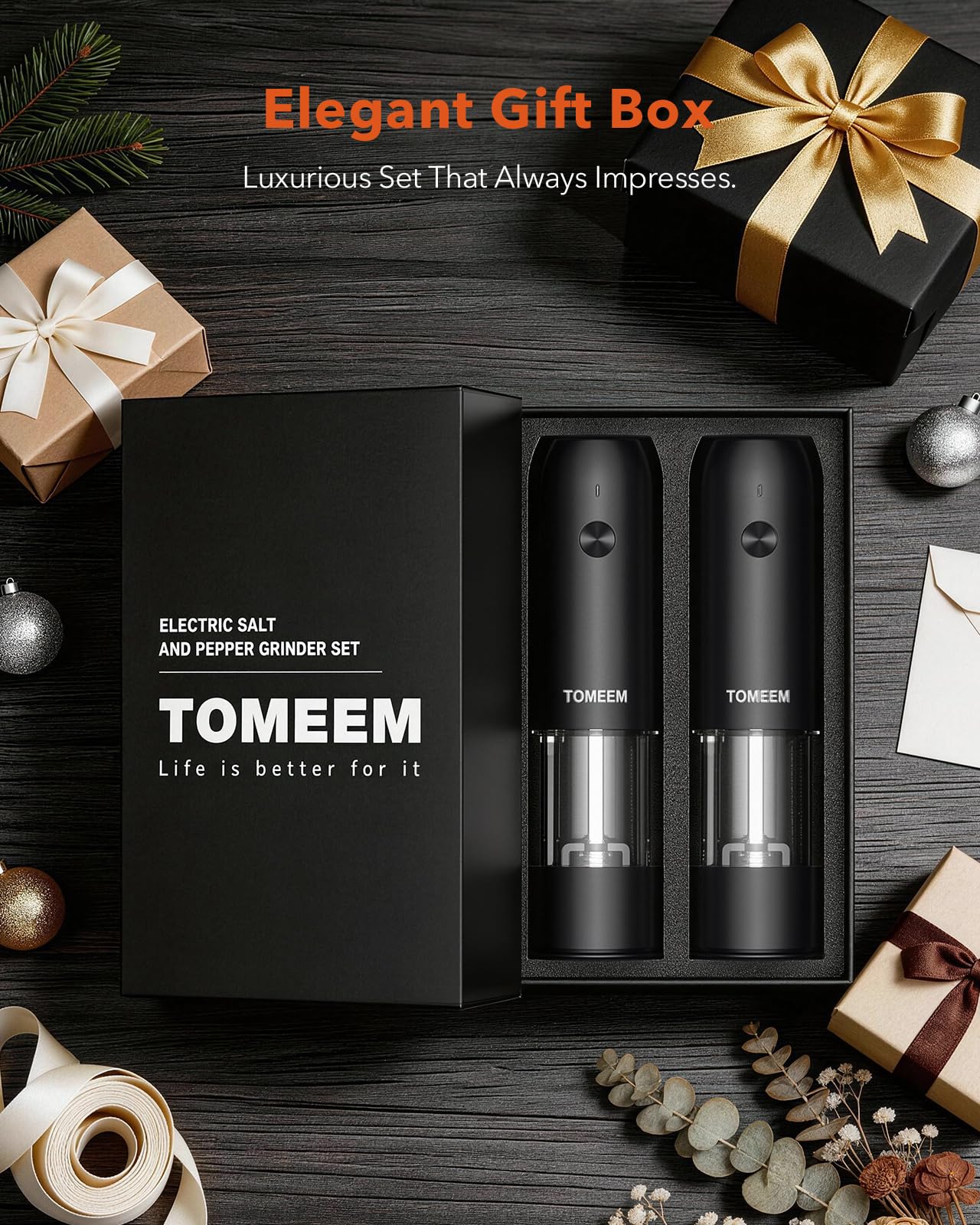 TOMEEM Electric Salt and Pepper Grinder Set with LED Lights，Rechargeable Automatic Pepper and Salt Mill with 6 Adjustable Coarseness, Dust Cover, One-Button Control for Cooking, Home Gifts