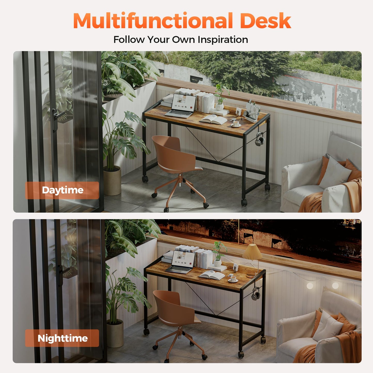 Mericonia 48 inch Rolling Computer Desk with Wheels, Gaming Desk for Small Spaces, Modern Simple Style Table for Home Office, Study Writing Table
