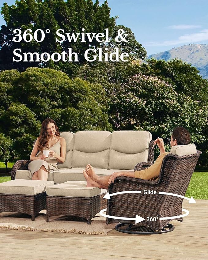 HILLGA Luxury Patio Furniture Set with 6-Inch Thick Cushions, High Back Outdoor Swivel Rocker Chairs and Patio Couch, 11-Piece All Weather Conversation Set for Porch Deck Pool Yard, Beige (V3)