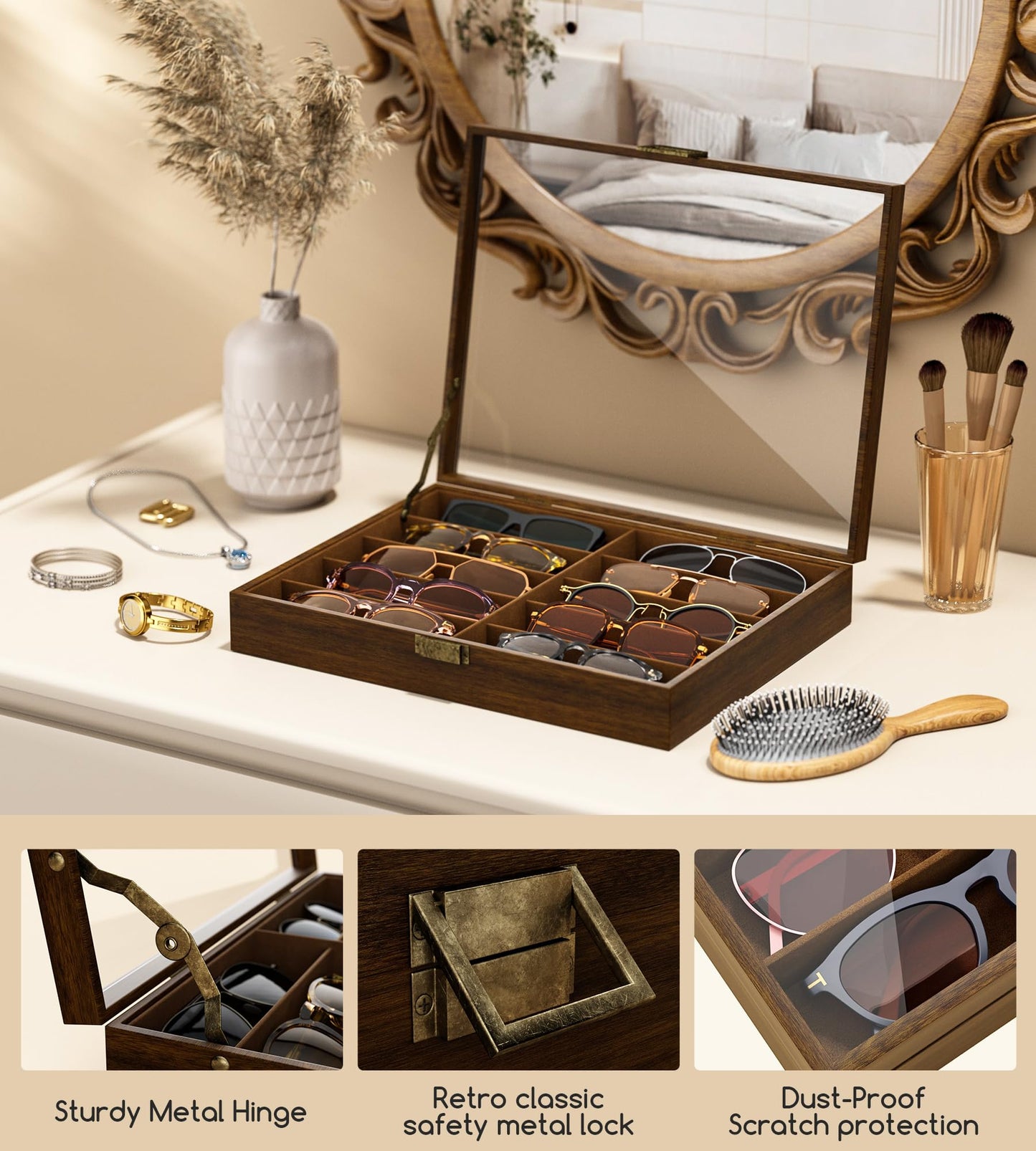 NEWLOOP Sunglass Organizer for Women Men - Multiple Pair of Sunglasses Storage Box Eye Glass Watch Display Case with 10 Slots Wooden