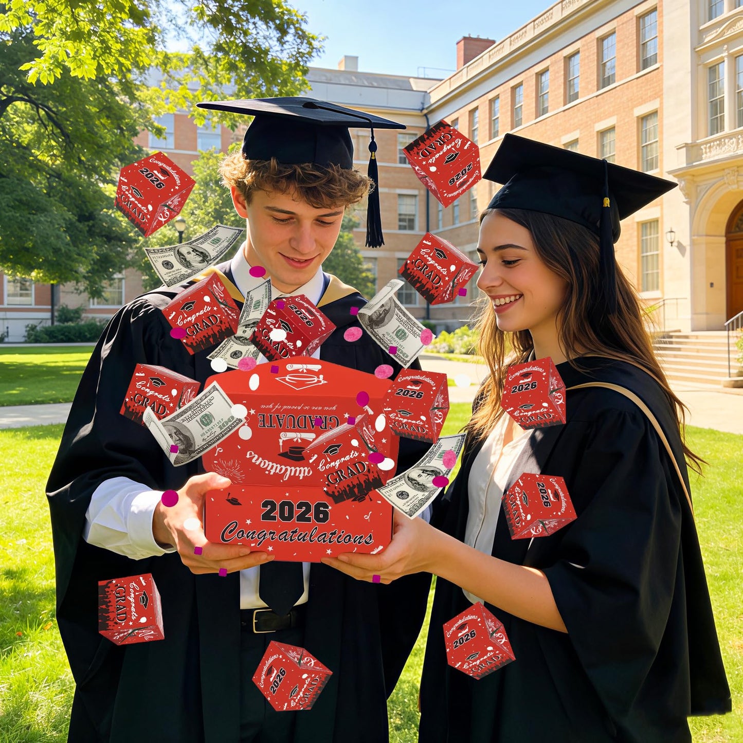 Surprise Gift Box Explosion for Money, Unique Folding Bouncing Red Envelope Gift Box with Confetti, Cash Explosion Luxury for Birthday Anniversary Valentine Proposal (15 Bounces) (Graduation - Red)