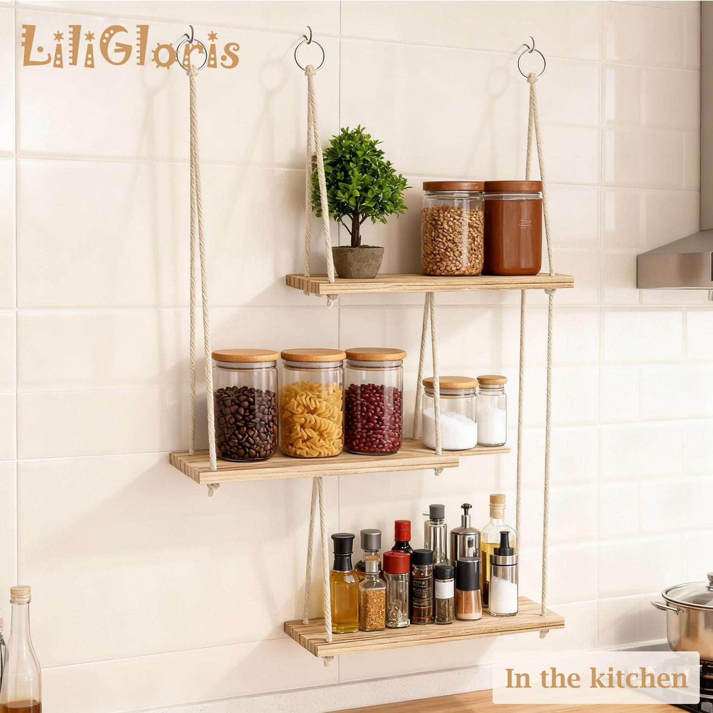 LiliGloris Bohemian Wall Shelf Decor, Natural Unpainted Wood Floating Shelf with Adhesive Mount for Plants & Photo Frames, Decorative & Functional Display for Bedroom Living Room Office Kitchen