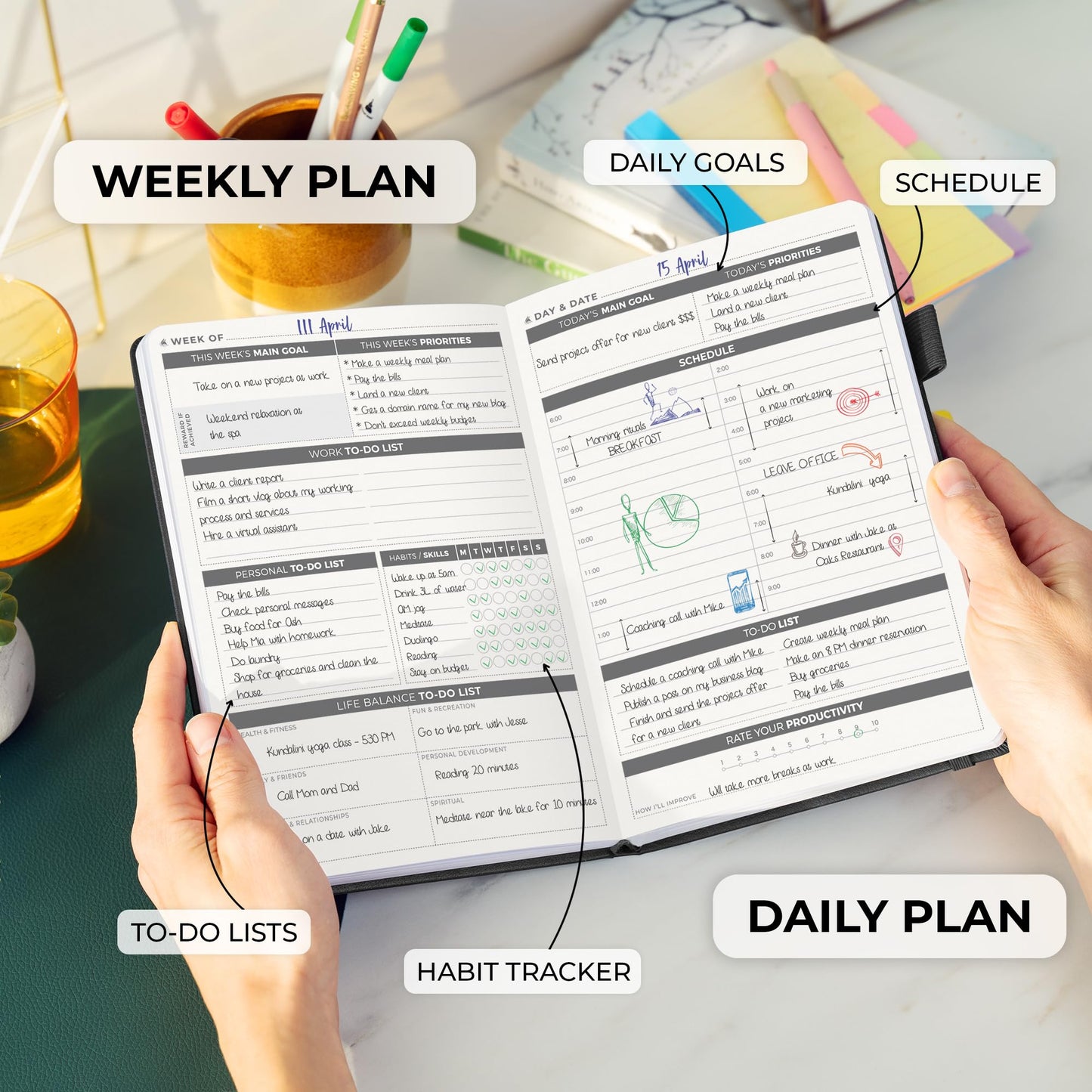 Clever Fox Daily Planner – Undated Planning Notebook with Hourly Schedule & To-Do List – Personal Day Task & Work Organizer, 6 Months (Black)