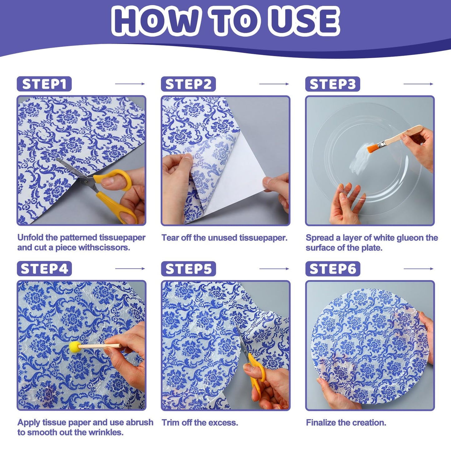 Jinei 20 Set Making Your Own Hostess Plates Painting Kit Decoupage Plastic Plate Blue Floral Decoupage Napkins Glues Brushes for Gatherings Crafts DIY Blue and White Floral Dinner Table Decor