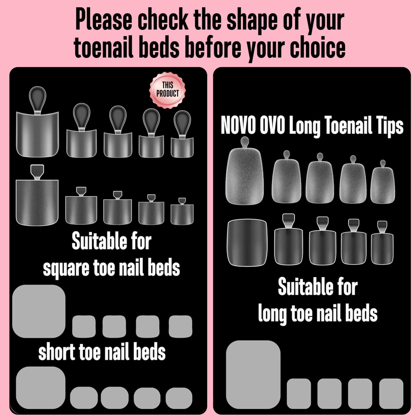 NOVO OVO Halloween Short Medium Toe Nail Tips with Moon Curve, Sharp Square Extra Thick Full cover Press on, Soft Gel False Toenail Extension Kit, Clear Matte Fake Nails DIY Pedicure x15 Sizes 330 Pcs