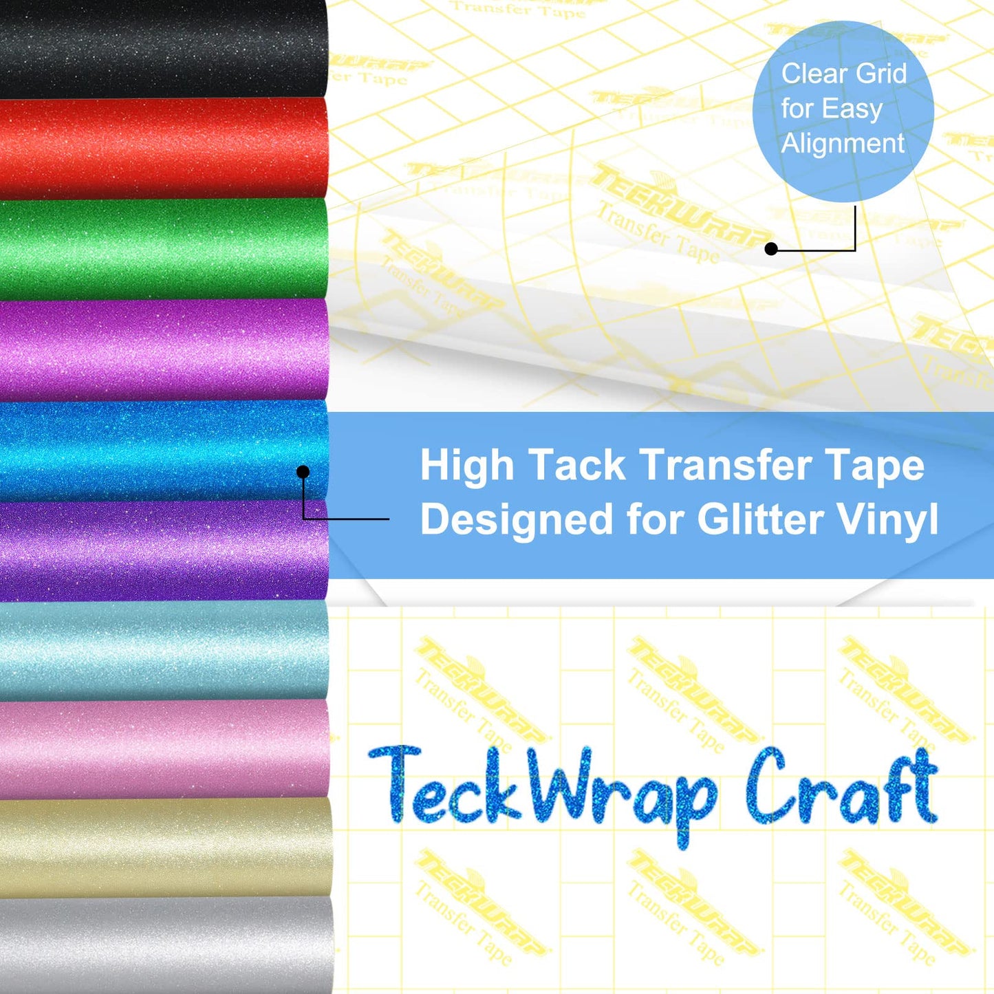 TECKWRAP High Tack Transfer Paper Tape 12" x 10 FT for Shimmer Glitter Vinyl with Yellow Grid Perfect Alignment for Adhesive Vinyl, Decals,Signs,Walls,Windows and Other Smooth Surfaces