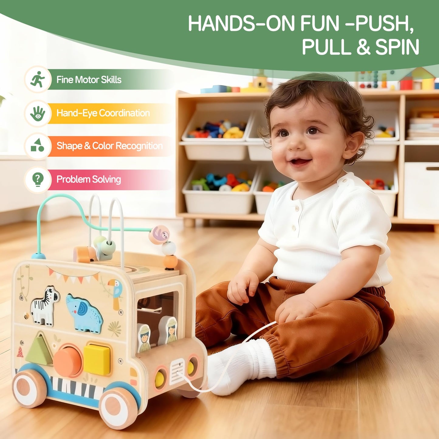 Pithfor Wooden Pull Along Activity Cube Toys, Montessori Toys for 1 2 3 Year Old Baby Toddlers, Baby Activity Cube for 1 Year Old, 1st First Birthday Gift