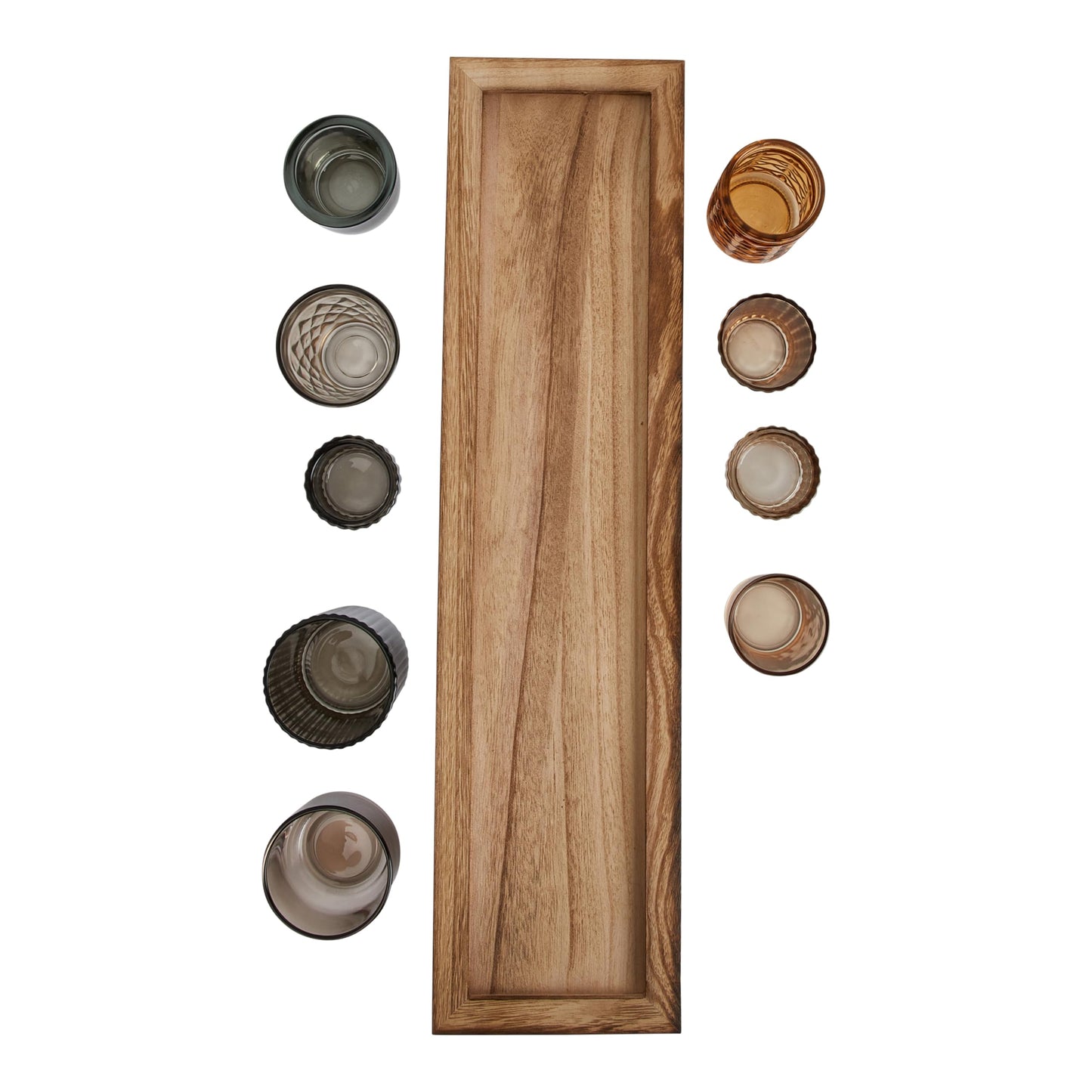 Wood Tray with 9 Brown Glass Votive Holders (Set of 10 Pieces)