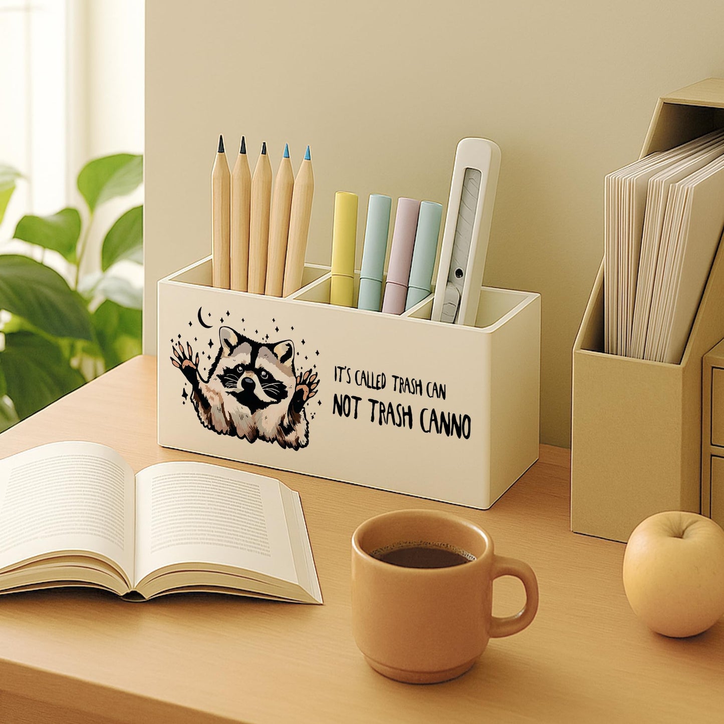 FISWAFY Funny Raccoon Pen Pencil Holder for Desk, Office Work Humor Gifts, It's Called Trash Can Not Trash Cannot Sarcastic Makeup Brush Toothbrush Holder for Vanity Bathroom