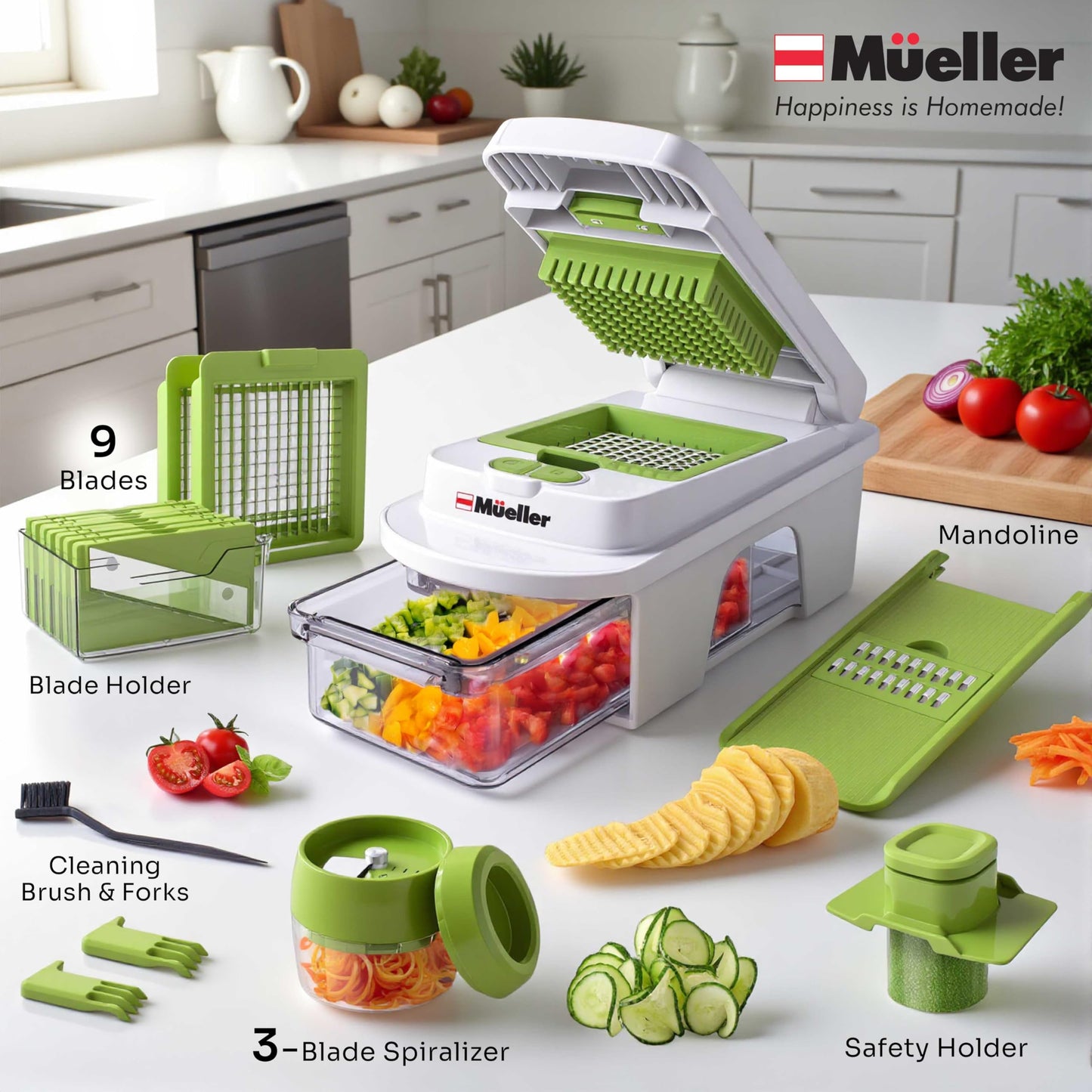 Mueller Pro-Series All-in-One, 12 Blade Mandoline Slicer for Kitchen, Food Chopper, Cucumber Slicer and Spiralizer, Cutter, Dicer, Grater, Gifts for Mom, Kitchen Essentials, White Sand/Green