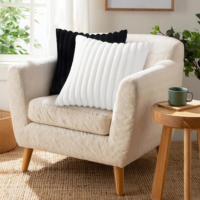 Pallene Faux Fur Plush Lumbar Throw Pillow Covers 12x20 Set of 2, Luxury Soft Fluffy Striped Decorative Pillow Covers for Sofa, Couch, Living Room, White