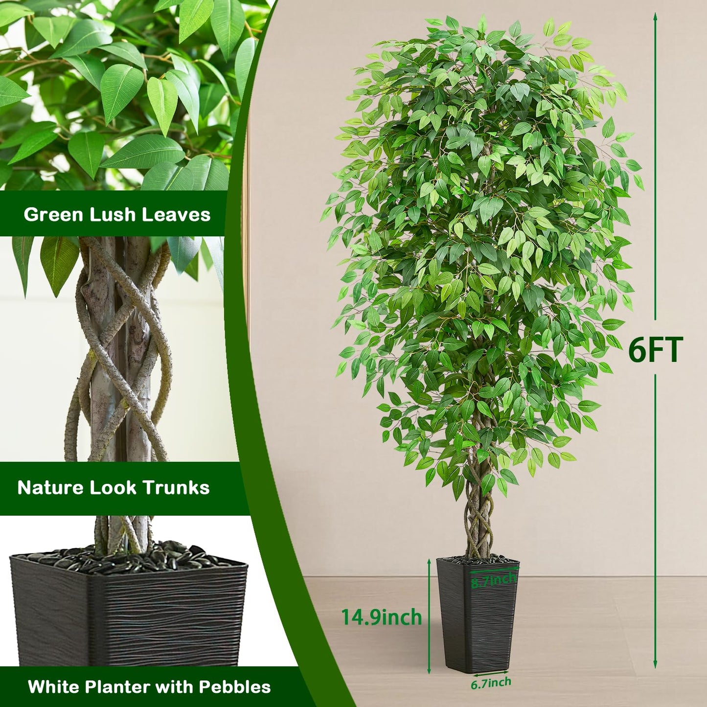 Artificial Ficus Tree 6FT Faux Plants Indoor Tall Fake Plants with Black Square Planter, Green Lifelike Lush Fake Ficus Tree for Home Living Room Bedroom Outdoor Balcony House Office Decor