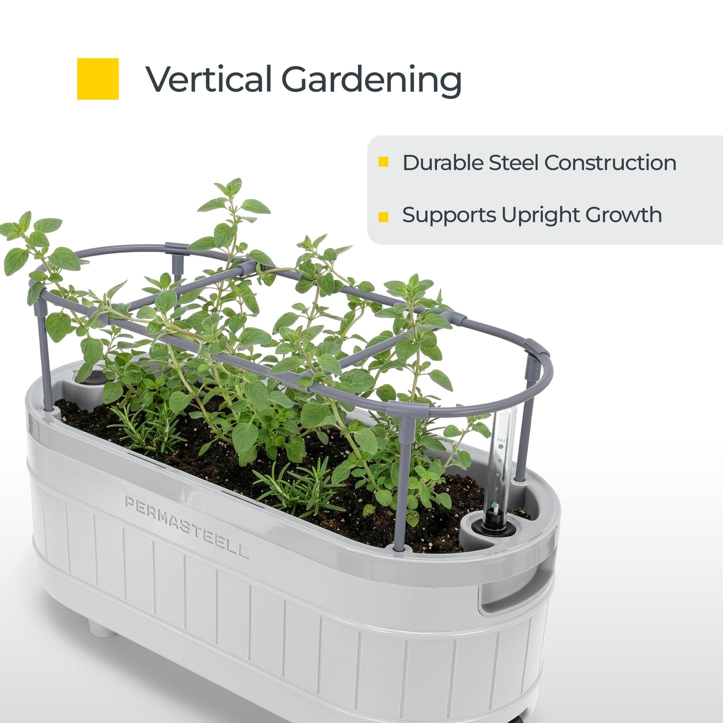 Permasteel Herb Garden Planter with Trellis Support, Self-Watering System with Water Level Indicator, Fits Multiple Herb Plants, for Basil, Flowers, Succulents, Indoor & Outdoor, White