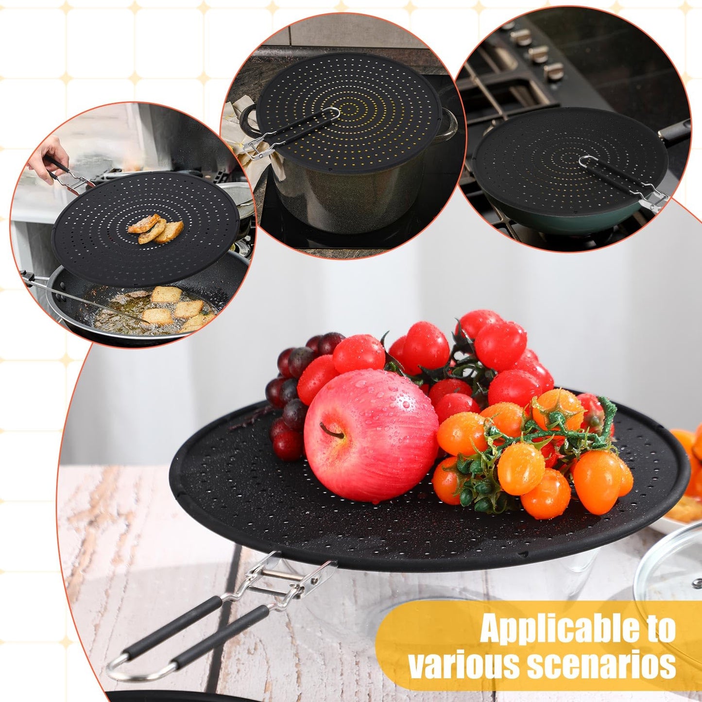 Tioncy 3 Pcs Silicone Splatter Screen for Frying Pan Grease Oil Splatter Collapsible Splash Guard Heat Resistant Multi Use for Baking and Cooking(Black)