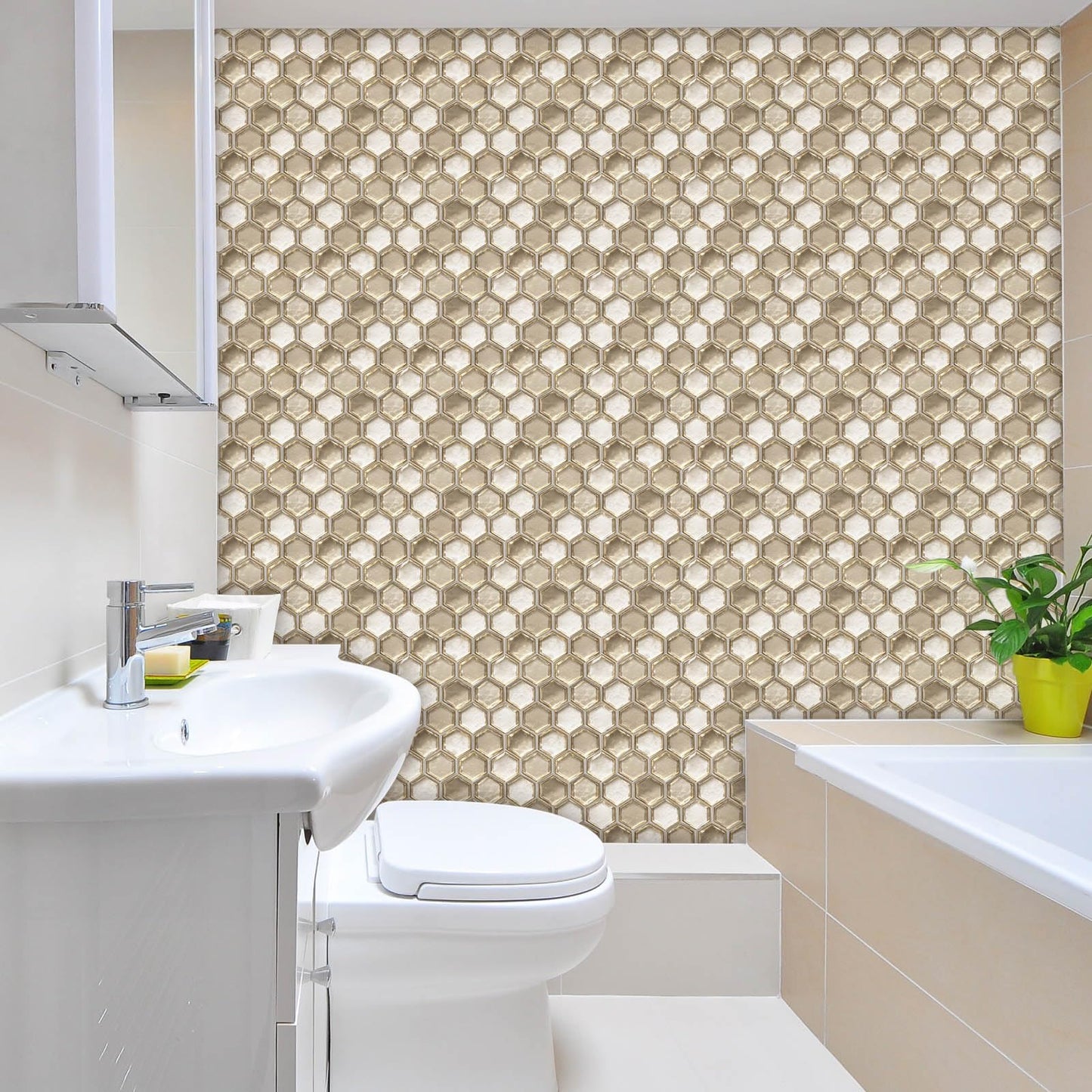 HOMETITUTE 20Pcs Hexagon Gold Glass Look Tile Stickers Peel and Stick Decorative Tiles Waterproof Removable Sticker Tiles Backsplash Decals for Kitchen Bathroom Fireplace Wall Covering 4x4 Inch not 3D