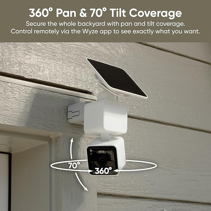 WYZE Solar Cam Pan (Flagship Model), Security Cameras Wireless Outdoor, 2K 360° Pan-Tilt Battery Powered 2.4GHz Wi-Fi Cameras for Home Security, AI Motion Detection, Color Night Vision, No Blind Spots