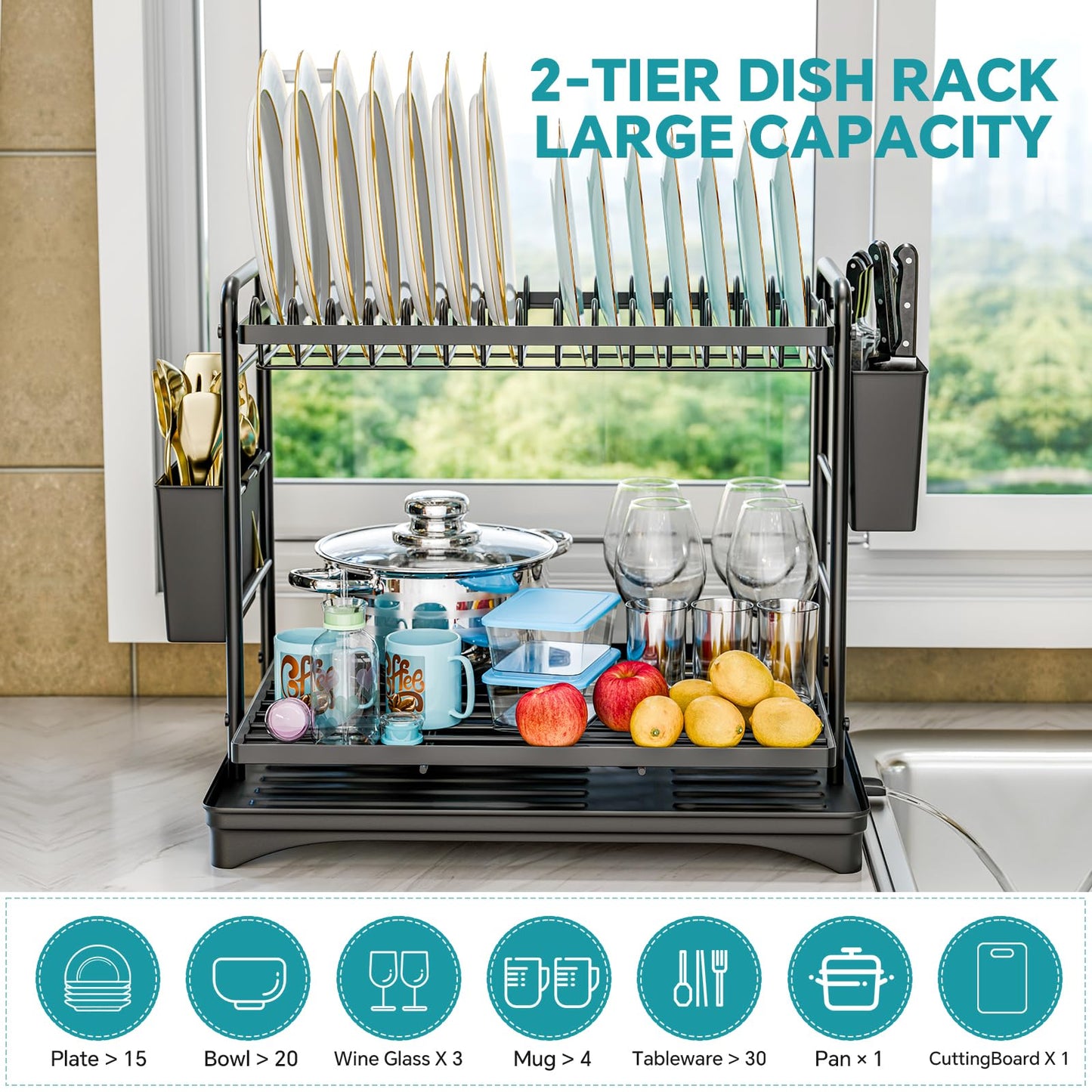 Simple Trending Dish Drying Rack, 2-Tier Dish Rack for Kitchen Counter, Large Dish Drainers Sink Organizers and Storage, Black