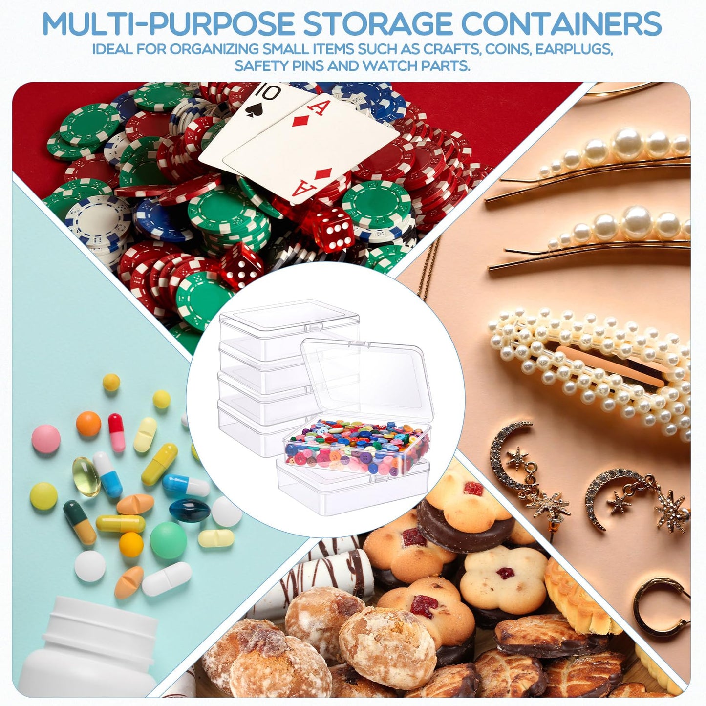 Jetec 6 Pieces Mini Plastic Clear Beads Storage Containers Box for Collecting Small Items, Beads, Jewelry, Business Cards, Game Pieces, Crafts (5 x 4 x 1.3 Inch)