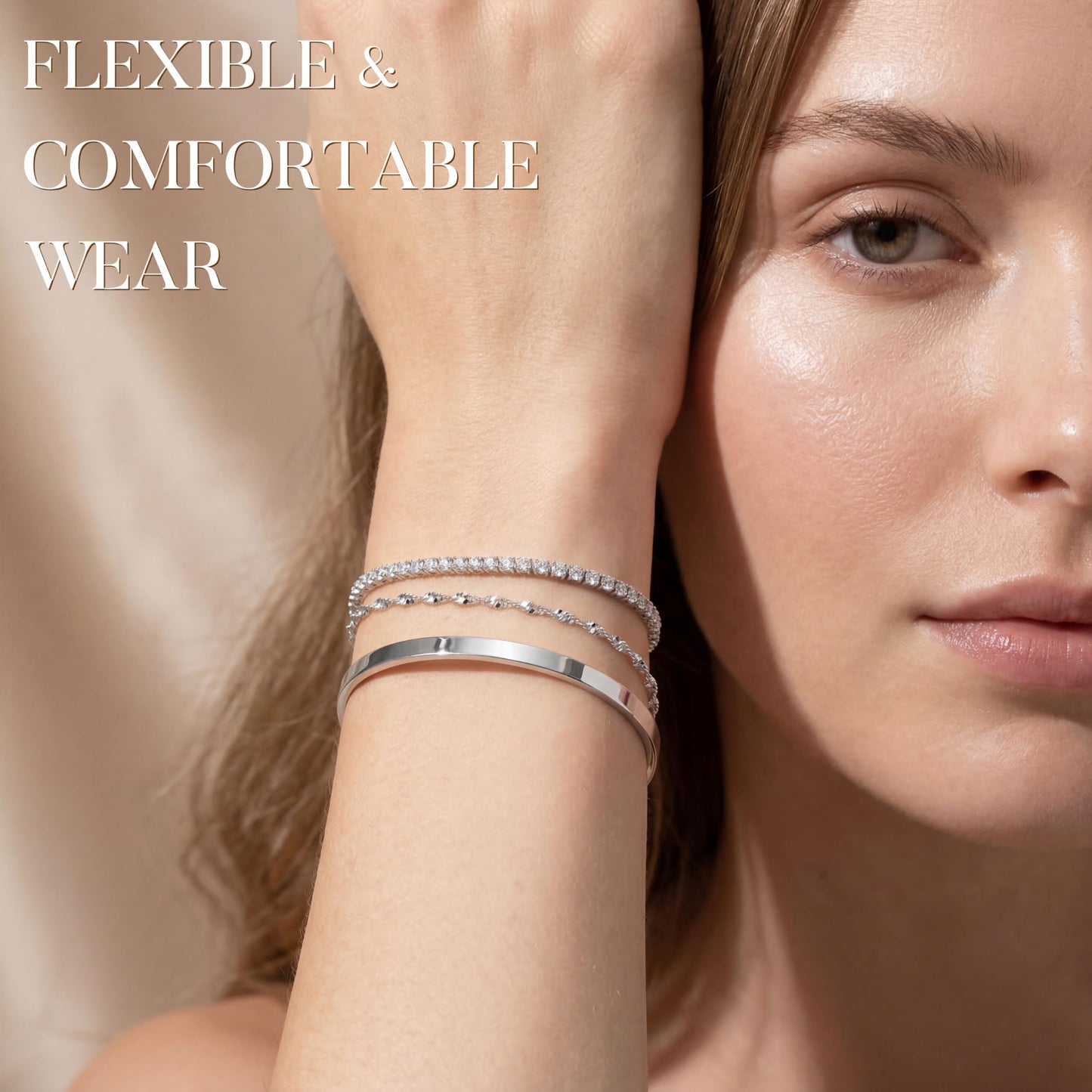 Poxtex Silver Cuff Bracelets Set for Women - 3 Pcs Stackable Open Bangles, Cubic Zirconia Tennis, Stardust & Thin Polished Band, Non Tarnish Stainless Steel Jewelry Gifts