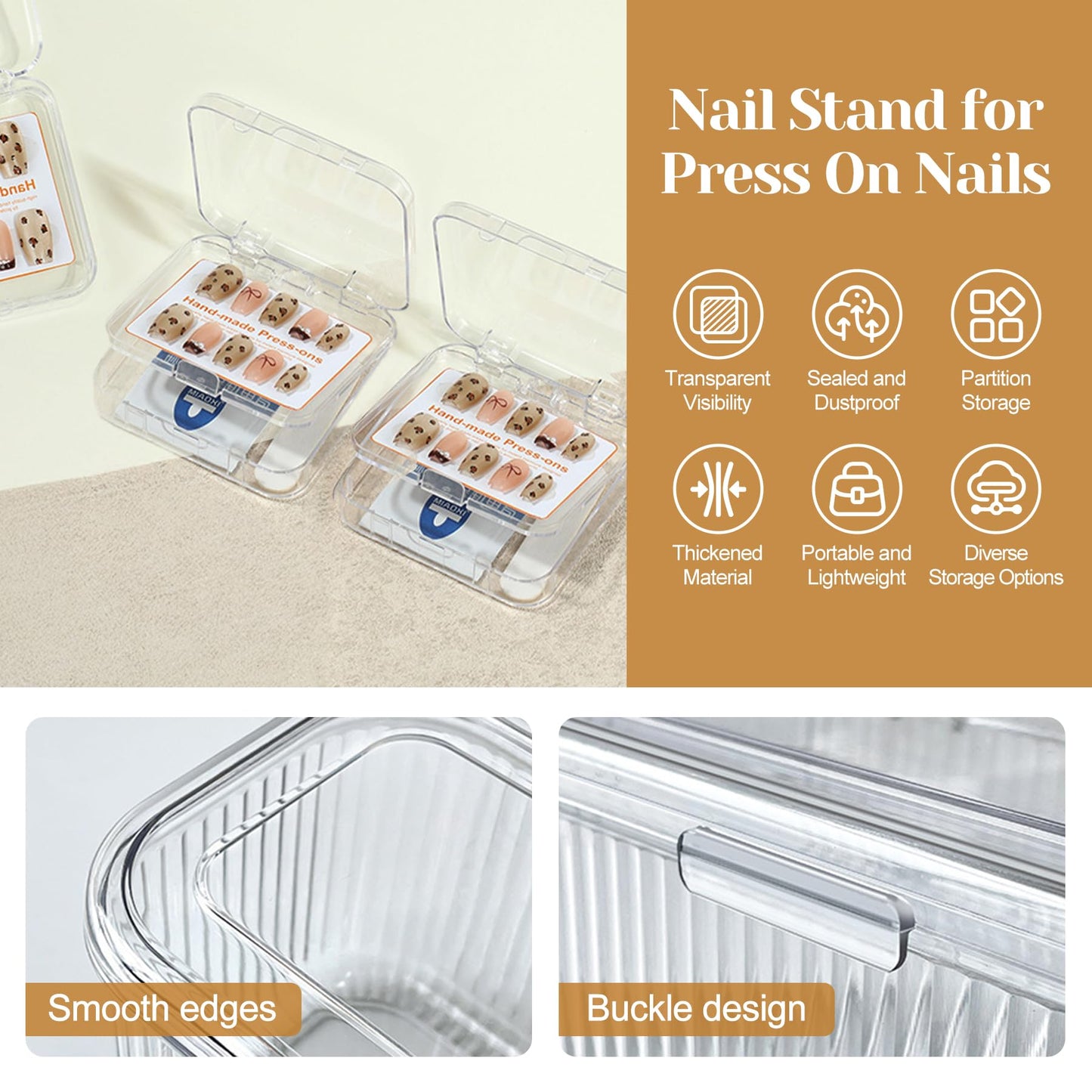 Press on Nail Storage Box,8 PCS Double Layer Press on Nail Case and 1 Big Storage Box with 60 Pcs Double Sided Adhesive Tape,Clear Acrylic Press On Nail Packaging Organizer for Fake Nail Display Salon