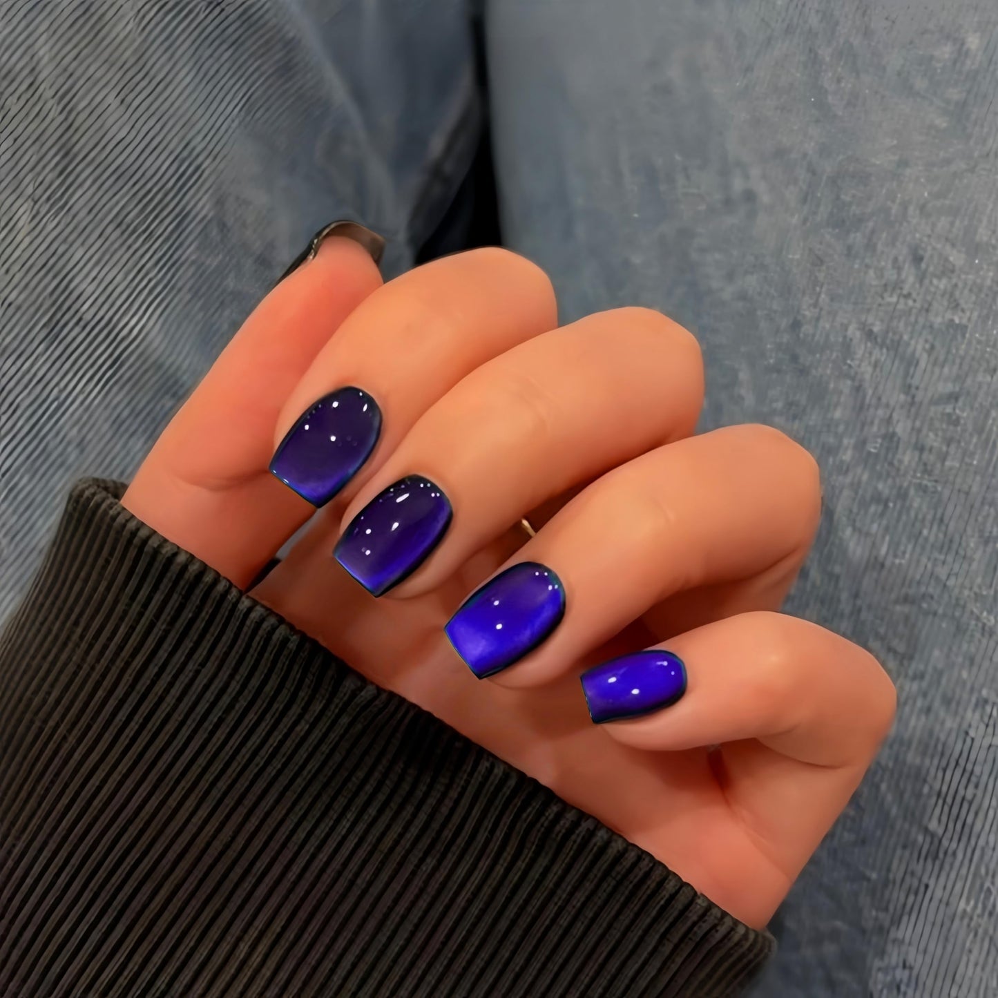 KQueenest Violet Blue Cat Eye Press on Nails Short, 30 Pcs Acrylic Press on Nails Square, Sparkly Glitter Black Fake Nails Press on Short, Reusable Chrome Soft Gel Glue on Nails for Women