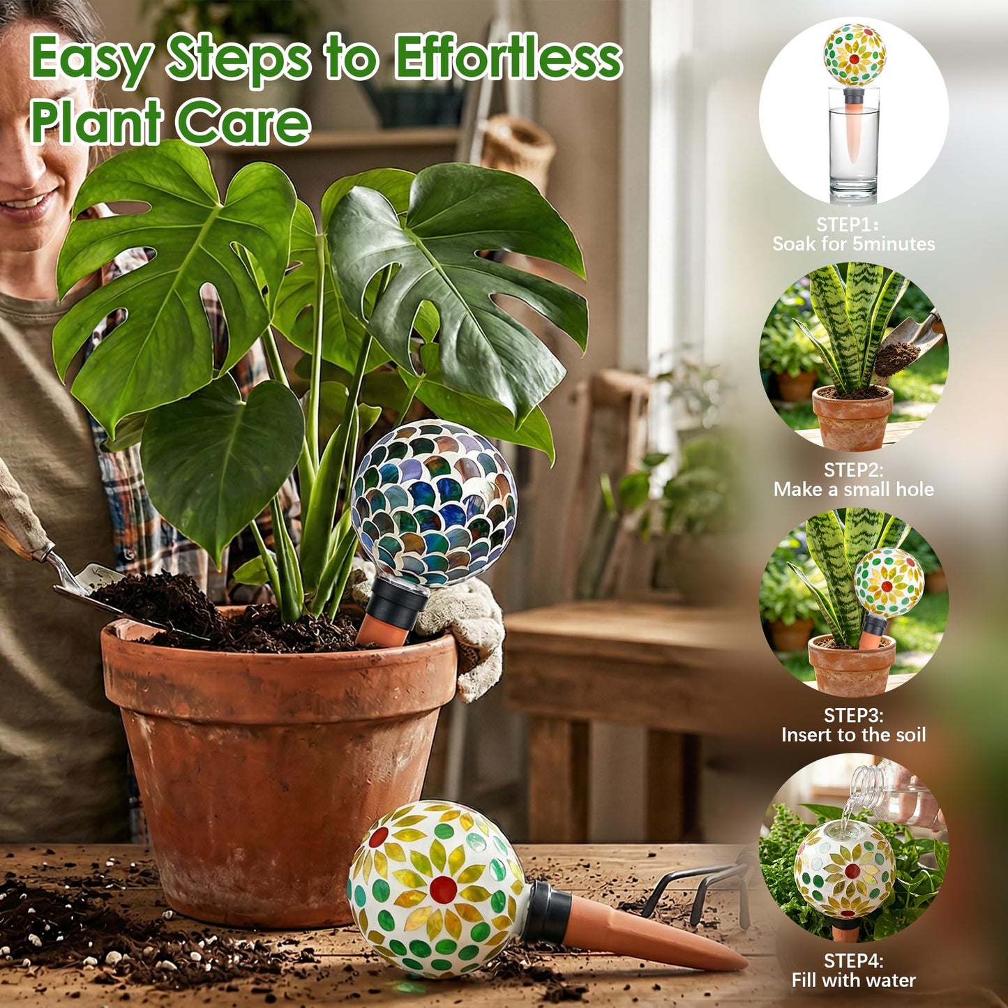 Chonsun Plant Watering Globes Mosaic Self Watering Spikes 2 Pack for Indoor Outdoor Plants Automatic Plant Waterer Plant Watering Devices for Vacations Pot