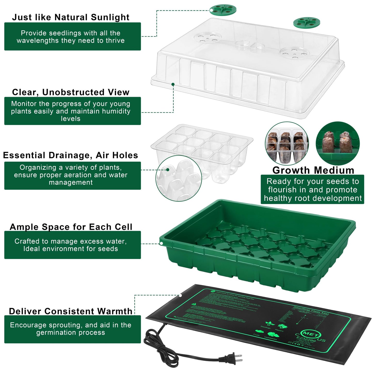 Hahood Seed Starter Kit with Grow Light Seedling Heat Mat 48 Cells Seed Starter Tray with Humidity Dome and Base Germination Trays Plastic Growing Trays Plant Propagation Kit for Seed Starting, Green