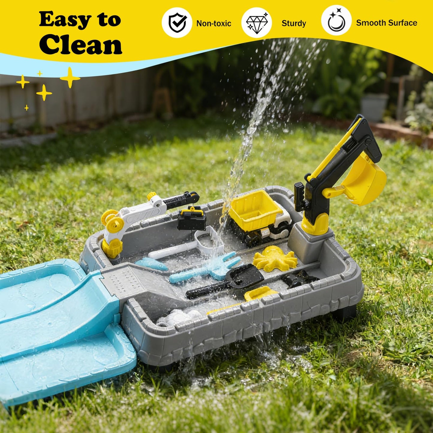 VROGTIK Kids Excavator Sandbox with Umbrella & Cover, Construction Sandbox Set with Beach Toys & Dump Truck, Outdoor Educational Play Set for Toddlers Ages 3-12
