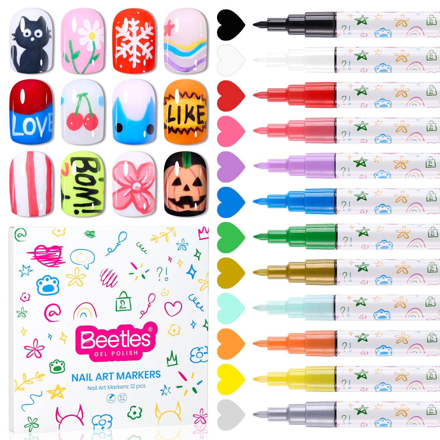 Beetles 12 Colors Nail Art Pens, 0.7MM Painting Nail Polish Pens Quick Air Drying Acrylic Paint Markers for Nails Art Design Dotting Liner Brush, DIY Home & Salon Manicure Tools