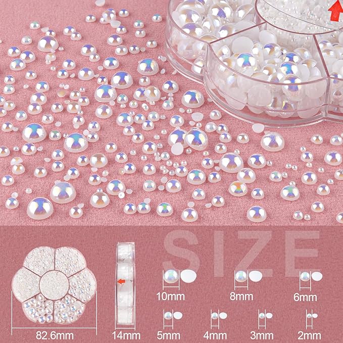 Nail Art Flat Back Half Round Pearl Kits 5, 1 Box of 2400 Pcs Flat-Back White AB Pearl with Tweezer and Picker Pencil for Home DIY Nails Body Face Craft and Salon Use