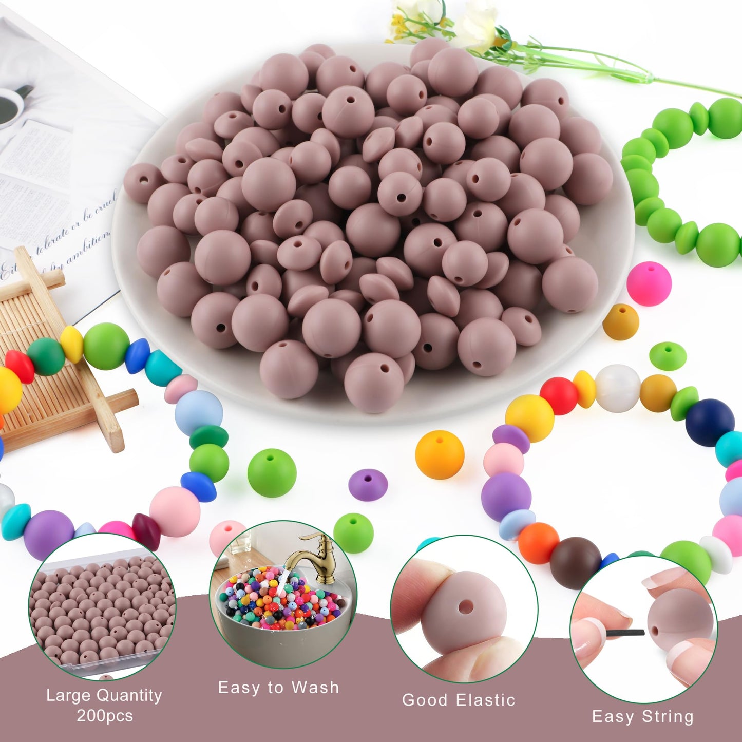 Kovict 200Pcs Mixed 12mm 15mm Silicone Beads for Keychain Making, 12mm Lentil Silicone Beads for Pens Bracelet Necklace DIY Crafts(Rose Brown)
