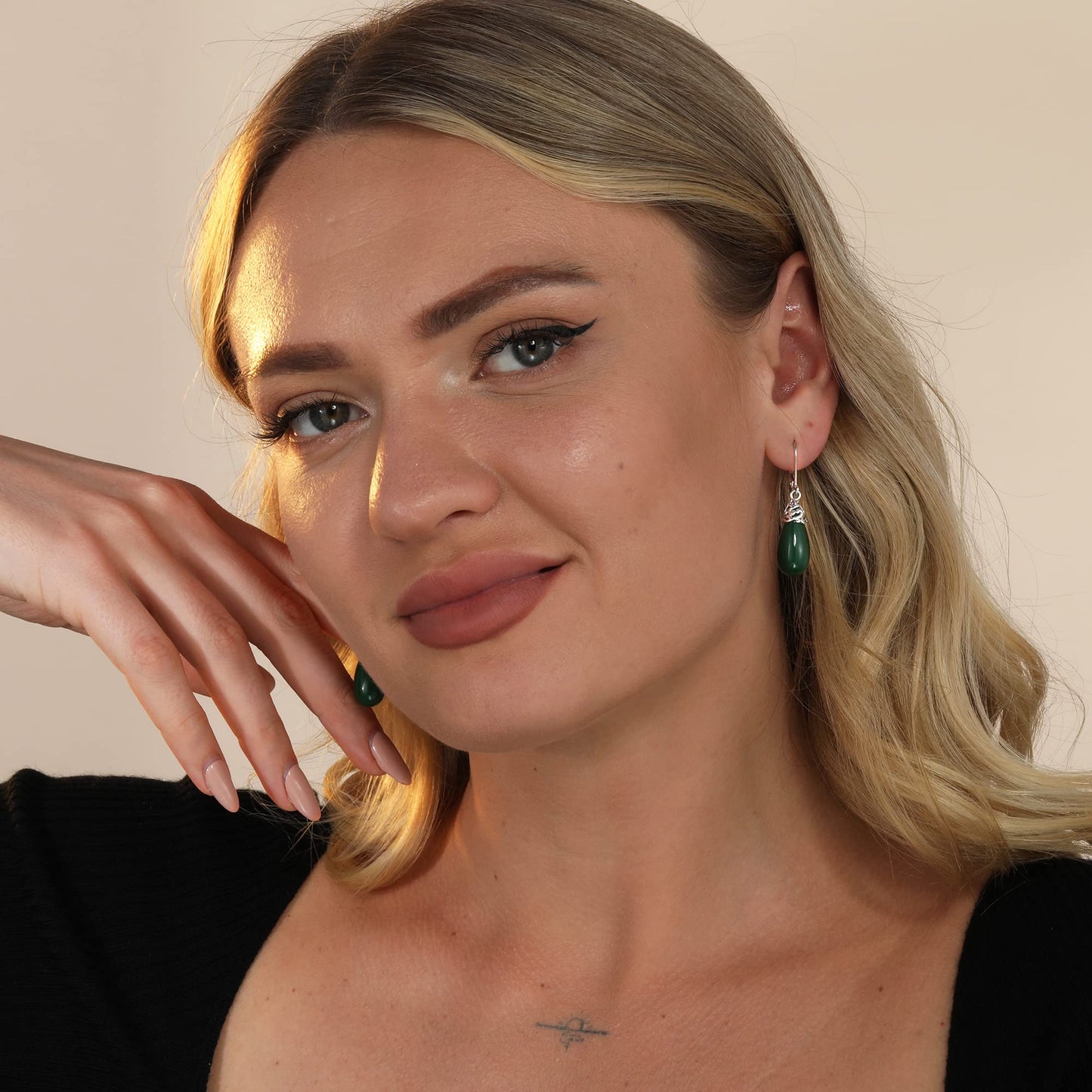 POPLYKE Jade Filigree Teardrop Drop Dangle Earrings Sterling Silver Leverback Earrings Jewelry