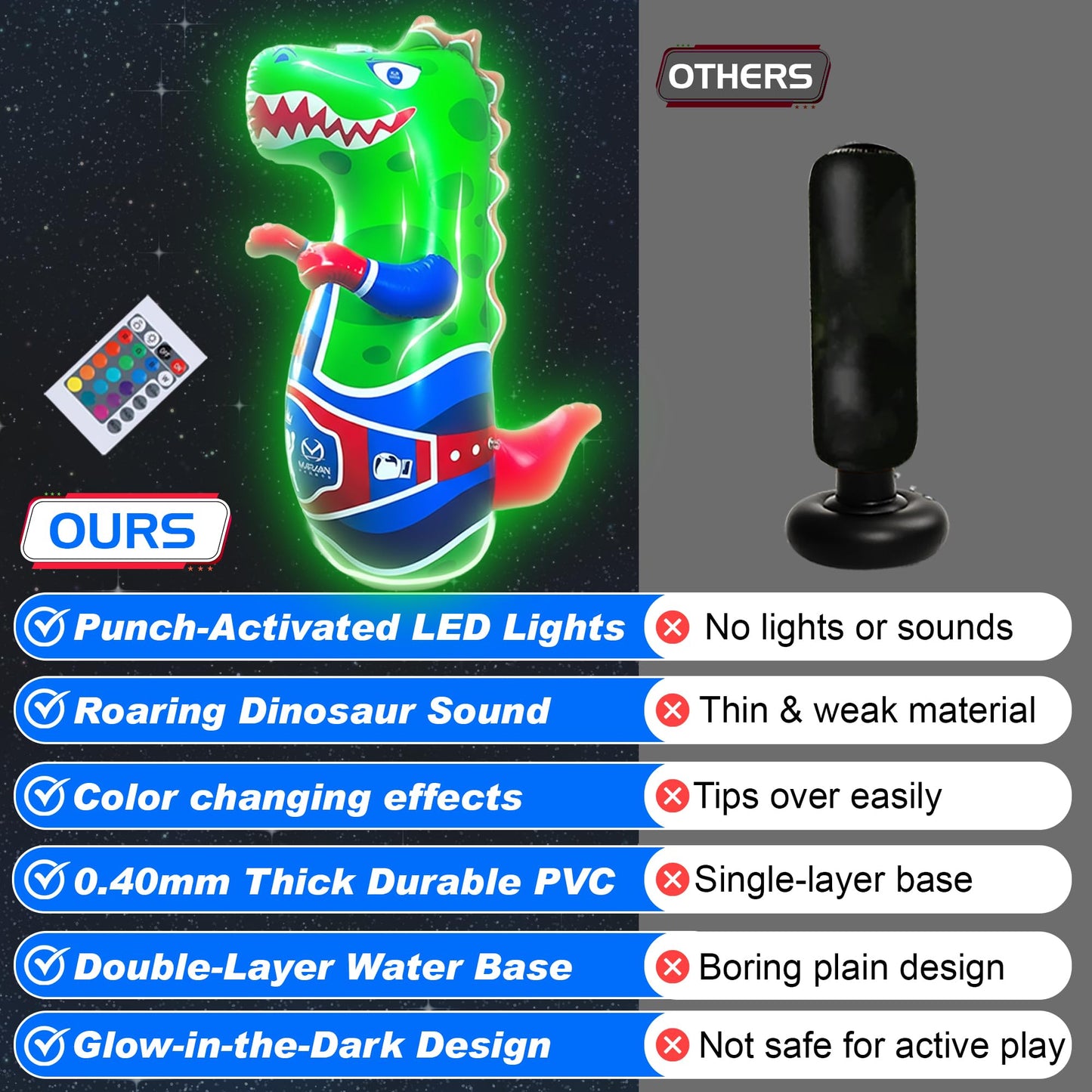Marwan Sports Punch, Light & Roar Dinosaur Punching Bag – 47" Inflatable Bop Bag for Kids Ages 3-14 | Bounce-Back Toy with Lights & Roaring Sounds | Active Play Gift for Toddlers & Children