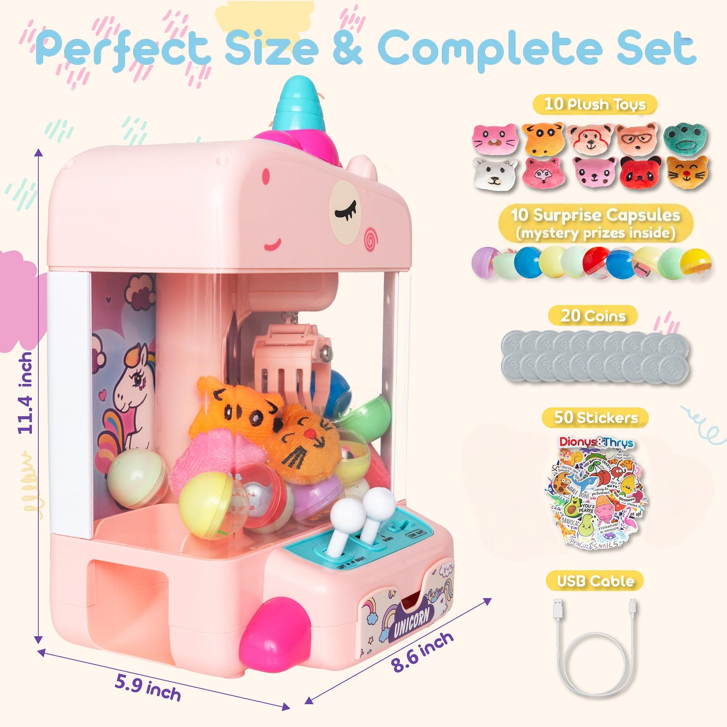 Claw Machine for Kids - Mini Arcade Game - Vending Machine - Candy Grabber Toys - Silent Mode, Lights, USB - Plush Toys & Easter Eggs, Surprise Stickers - Fun Gift for Kids, Boys & Girls (Unicorn)