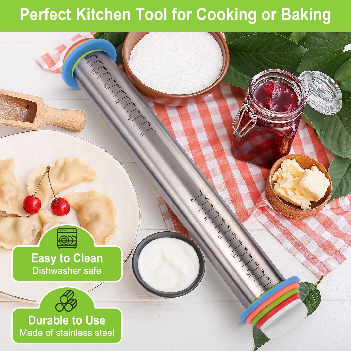 Rolling Pin with Thickness Rings and Silicone Baking Mat, Adjustable Stainless Steel Rolling Pins for Pasta or Sugar Decorating Cookies, Bread Making Tools Fondant Roller for Dough, Dumpling, Ravioli