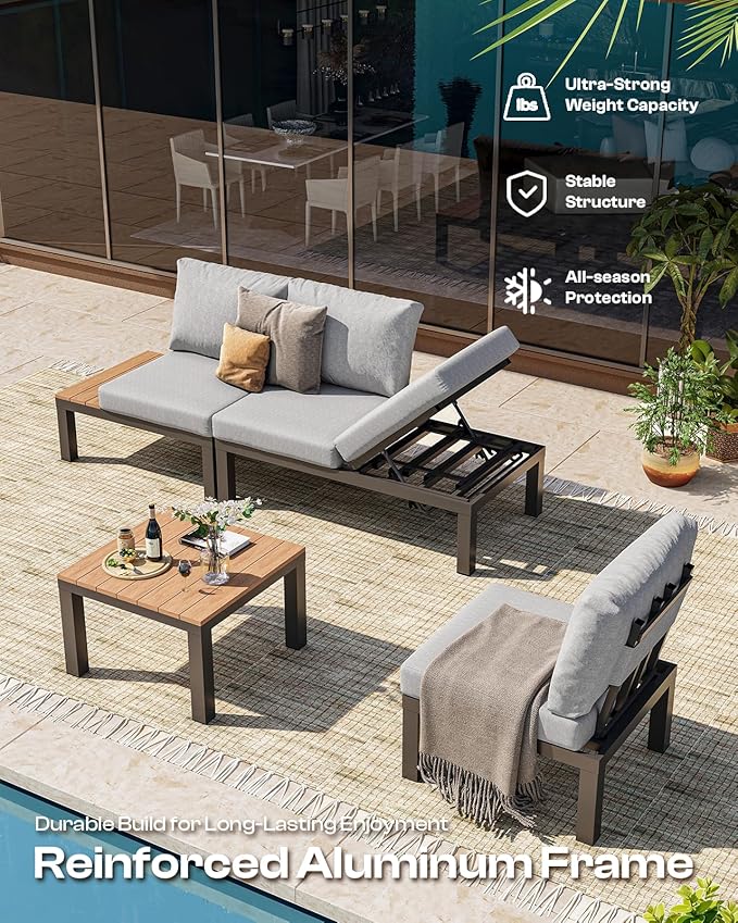 Aluminum Outdoor Patio Furniture Set, 4 Seats Modular Patio Sectional Sofa Set with Adjustable Backrest & Removable Cushions, All-Weather Outdoor Conversation Sets for Garden & Yard, Gray