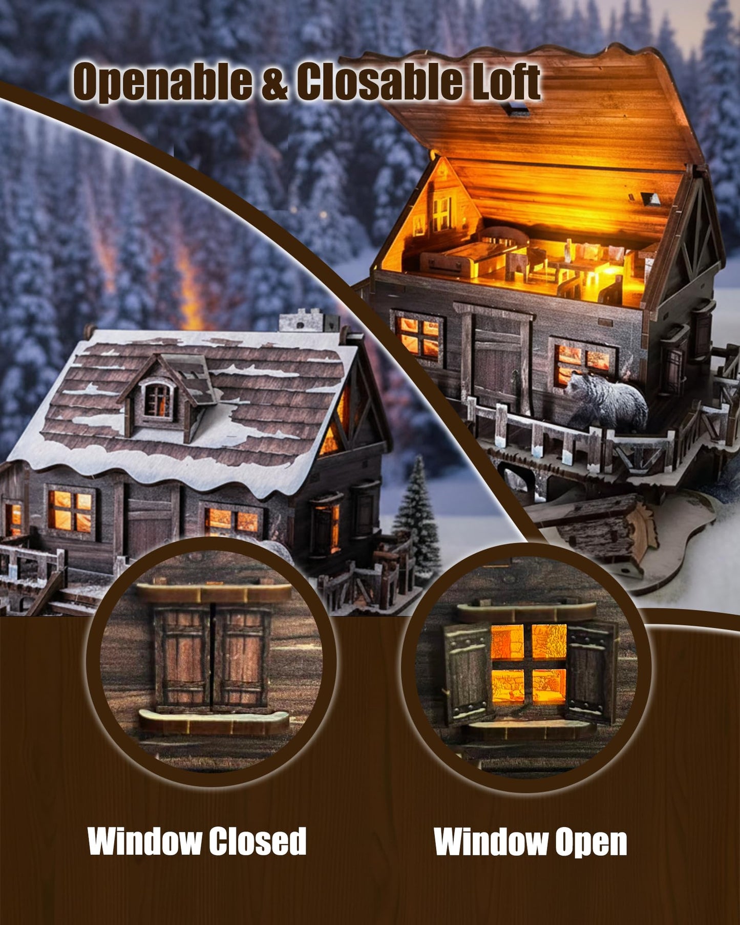 LED 3D Wooden Puzzle Winter Cabin DIY Miniature Building Kit with LED Lights - 3D Craft Rural Wooden Cabin Models Decor Gift for Adult