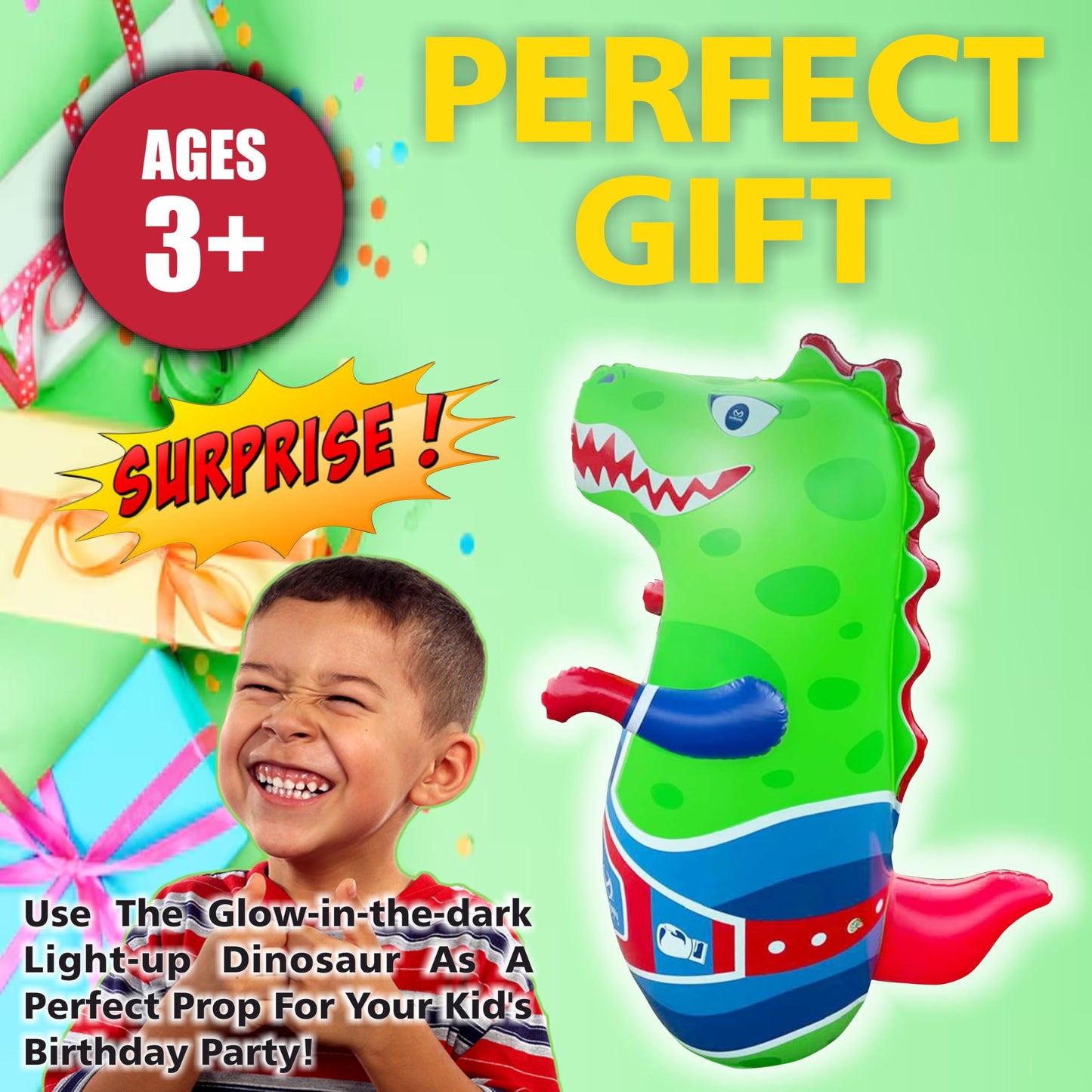 Marwan Sports Punch, Light & Roar Dinosaur Punching Bag – 47" Inflatable Bop Bag for Kids Ages 3-14 | Bounce-Back Toy with Lights & Roaring Sounds | Active Play Gift for Toddlers & Children
