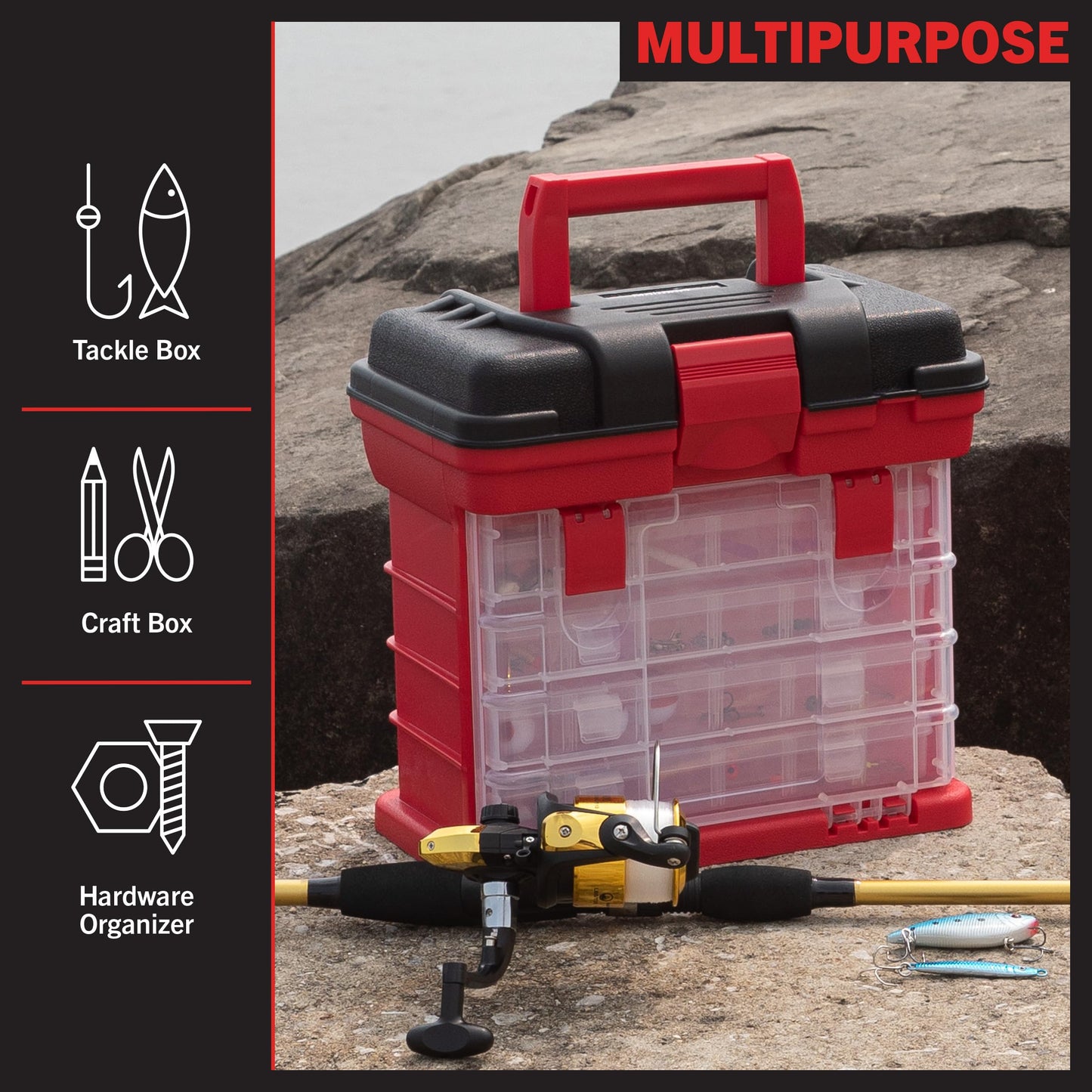 Portable Tool Box - Small Parts Organizer with Drawers and Customizable Compartments for Hardware, Fishing Tackle, Beads, or Crafts by Stalwart (Red)