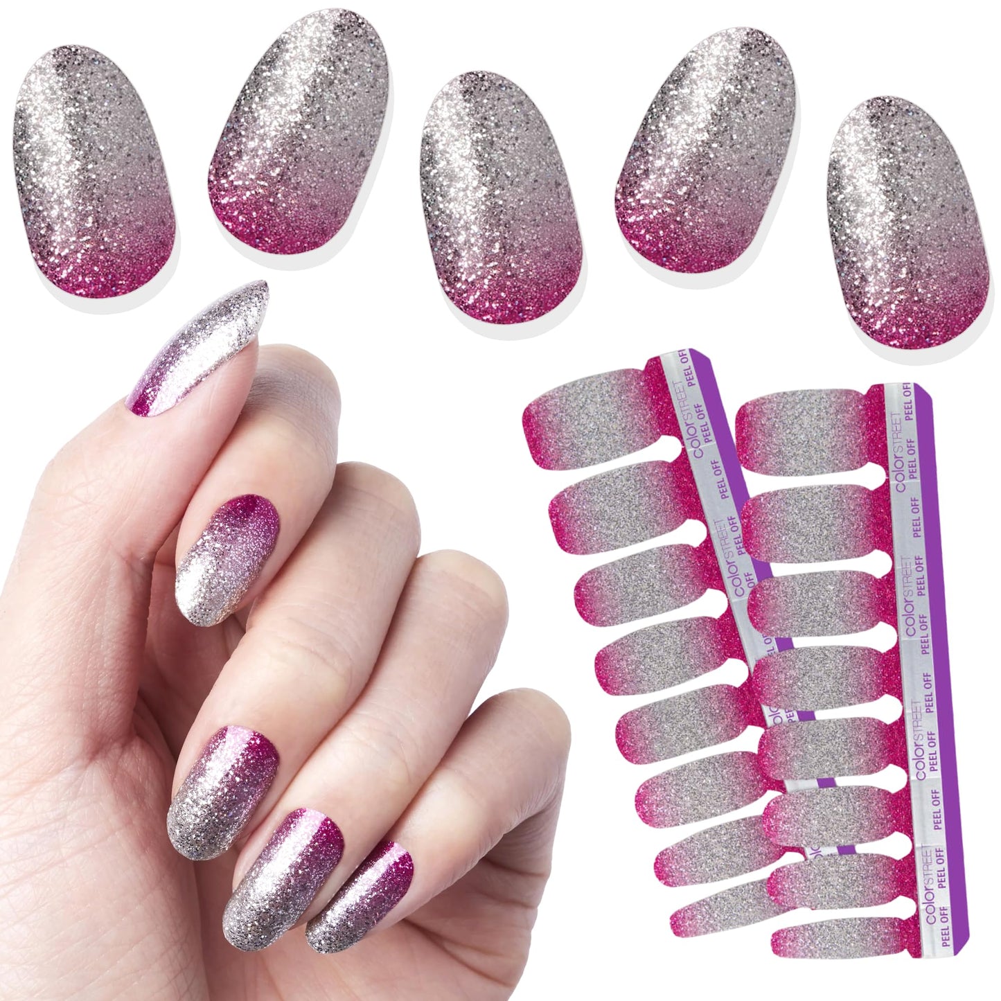 Color Street Vegas Vixen Nail Strips - Pink & Silver Glitter Gradient - Glamorous Glitter Finish - 16 Double-Ended Nail Strips - Easy Peel & Stick Application - No Dry Time, Long-Lasting Wear