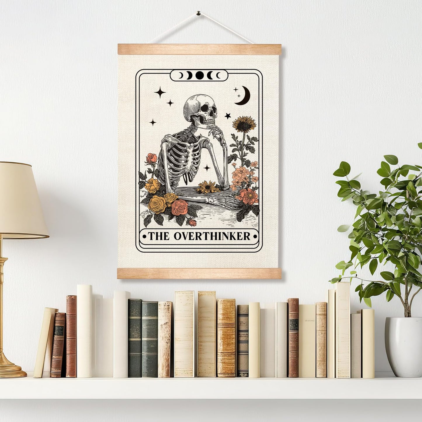 HEYJEEPER The Overthinker Tarot Card Wall Art,Skeleton and Floral for Witch Room Decor,Humorous Wall Hanging Linen Print Poster for Bedroom,Library, Study room 14x18inch(The Overthinker)