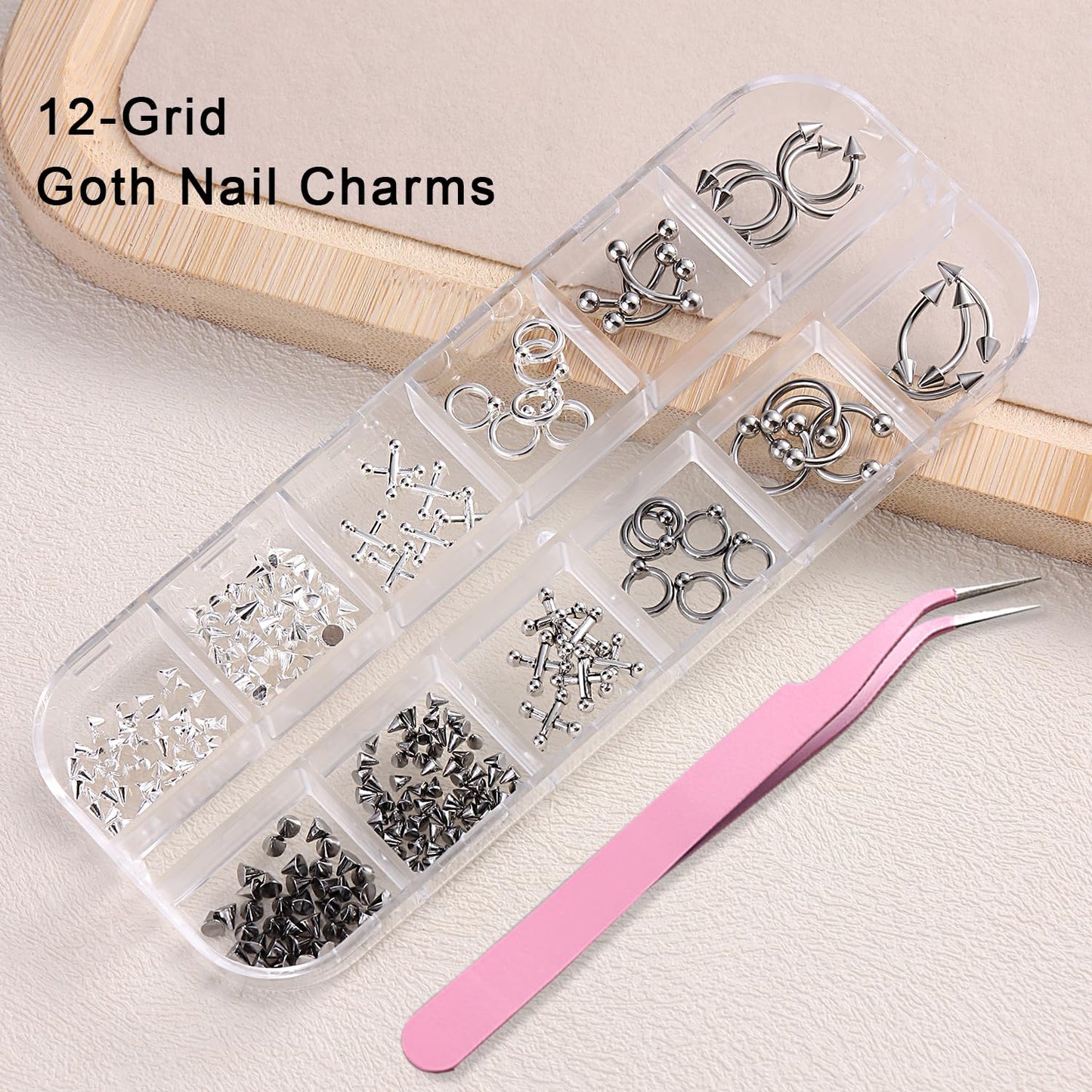 Furtherpretty Gothic Nail Charms Set, 3D Black & Silver Piercing Nail Charms with Metal Rings, Triangle Spikes & Rivet Studs for Nails, Y2K Punk Goth Nail Art Decorations Accessories with Tweezers