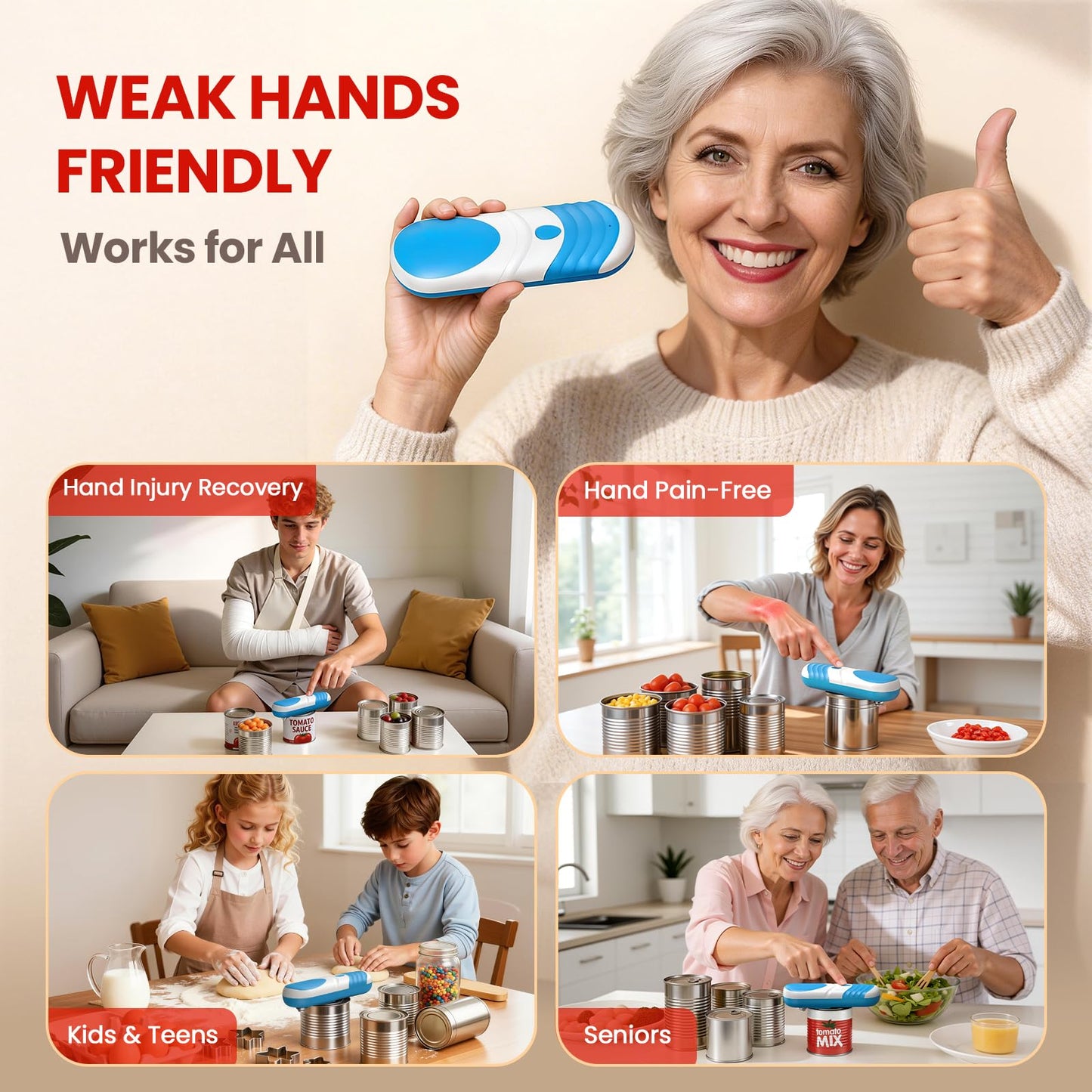 One Touch Electric Can Opener Automatic Can Opener for Seniors, Rechargeable Smooth Edge Can Opener with Magnetic Cover Catch, Food Safe Kitchen Gadget for Arthritis Hands