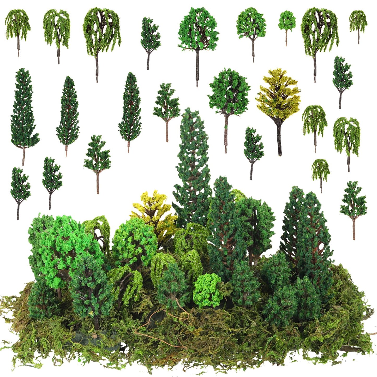 Tigeen 28 Pcs Model Trees Mixed Model with 1.4 Ounce Faux Green Moss Decor Tree Train Scenery Architecture for DIY Crafts, Building, Scenery Landscape(Natural Green)
