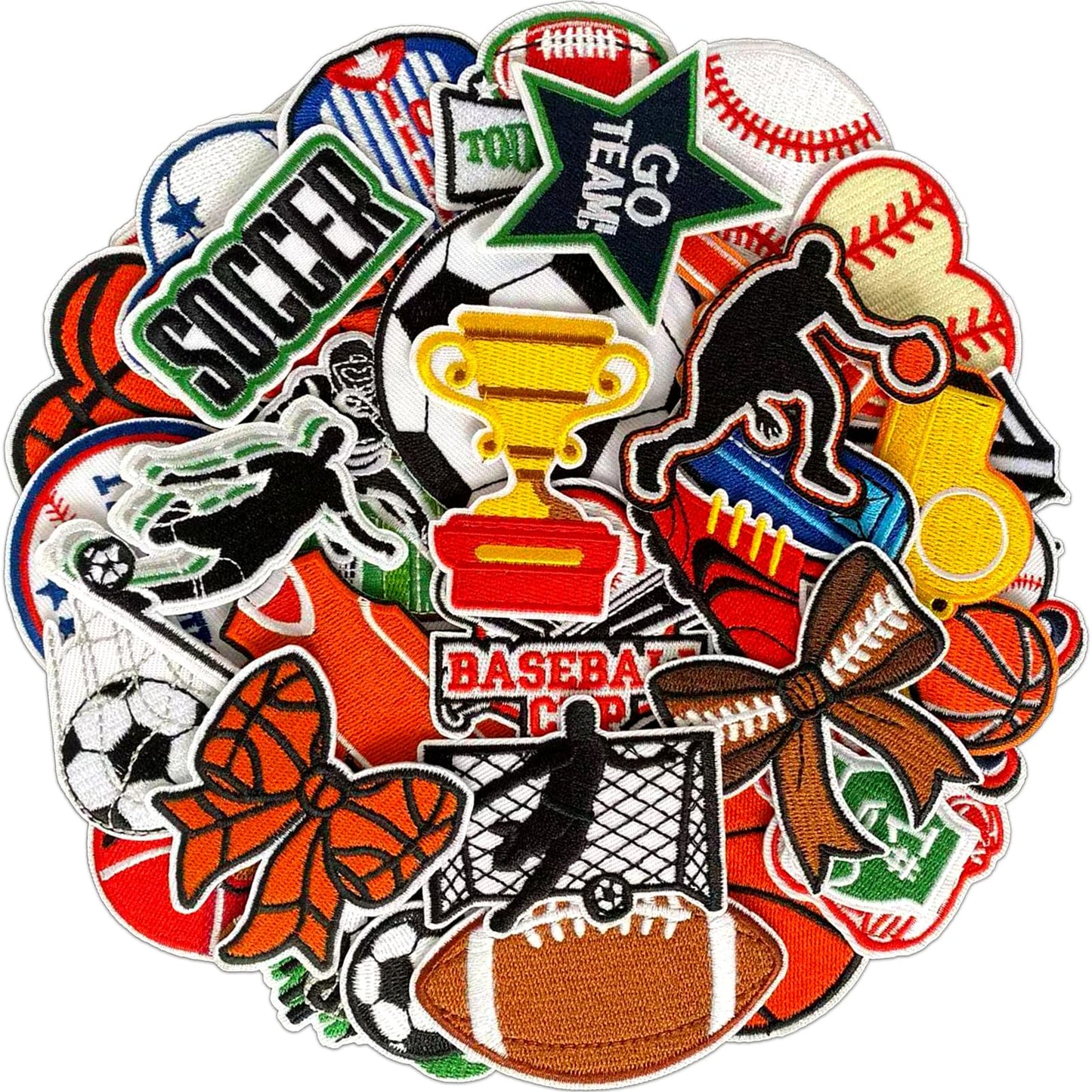 SYLVASS 36-Piece Sports Iron On Patches, Embroidered Sports Appliques for Clothing, Backpacks, Hats, Jerseys, Jeans DIY Accessory