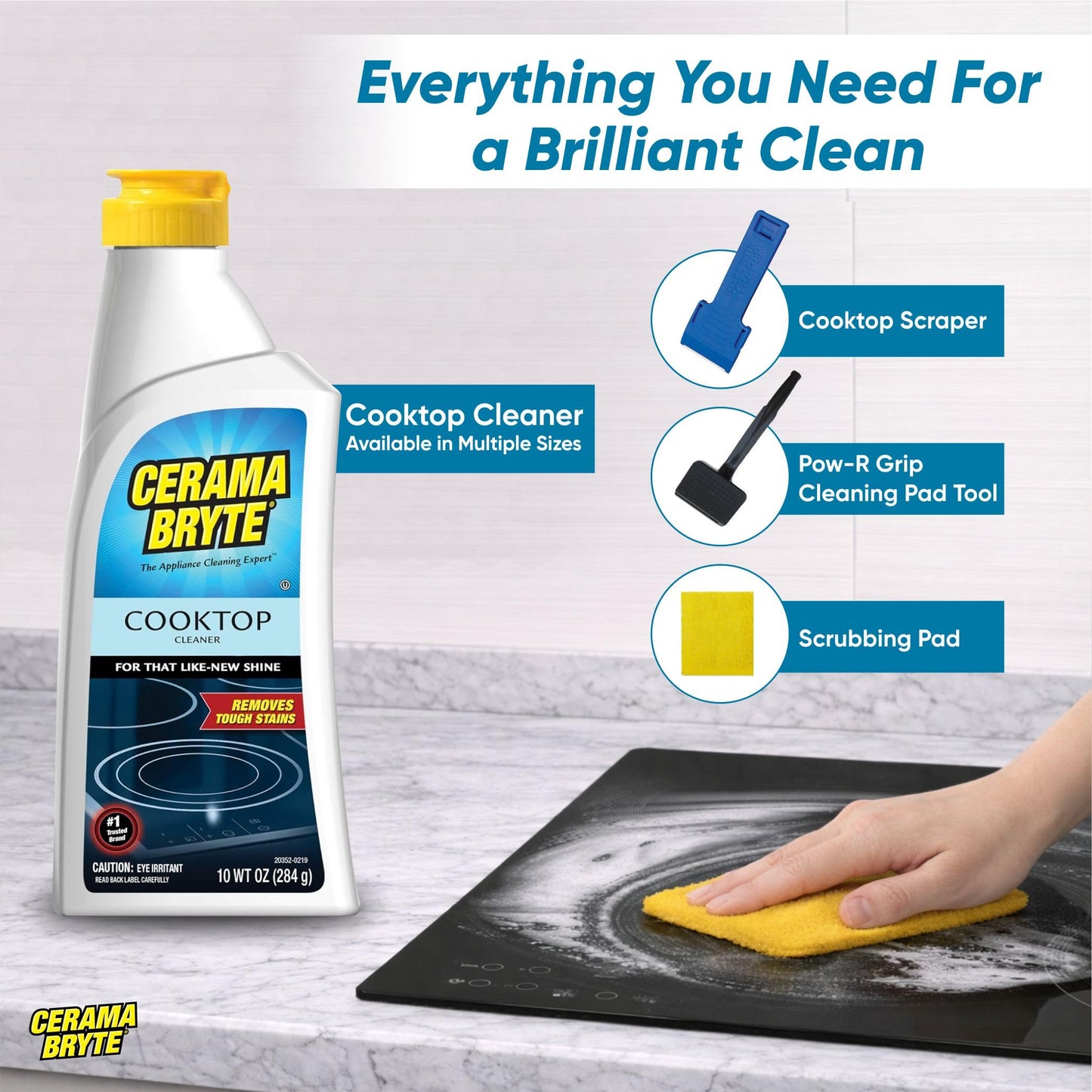 Cerama Bryte Glass Cooktop and Stove Top Cleaner Combo Kit - Includes Cleaning Tool, Razor, Scraper and 1 Pad to Remove Tough Stains - Use on Gas, Electric, Ceramic Surfaces, 18 Ounces, 4 Piece