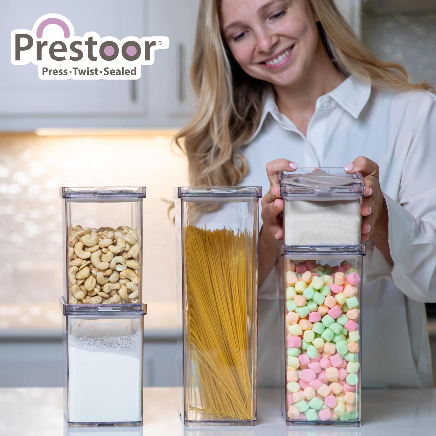 Prestoor 5-Pack SAN Airtight Pantry Storage Container Set, Leakproof Twist-Lock Lids, BPA-Free Stackable Canisters for Sugar, Flour, Pasta, Cereal & Snacks (0.8qt, 1.9qt ×2, 3qt, 4qt)