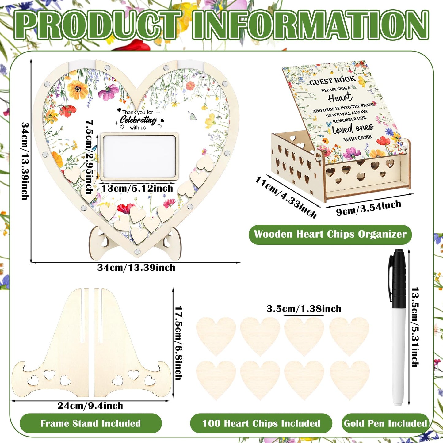 Chunful Wedding Hearts Guest Book Alternative with 100 Wooden Hearts Chips Storage Box and Pen Brown Wooden Theme Heart Picture Frame Rustic Guest Book Reception for Wedding Ceremony (Wildflower)